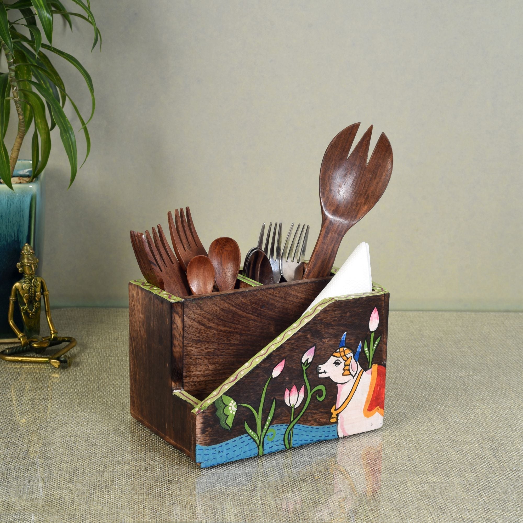 ART CREATIONS BY SUMAN SONTHALIA Brown - Pichhwai Dhenu Cutlery Storage Stand