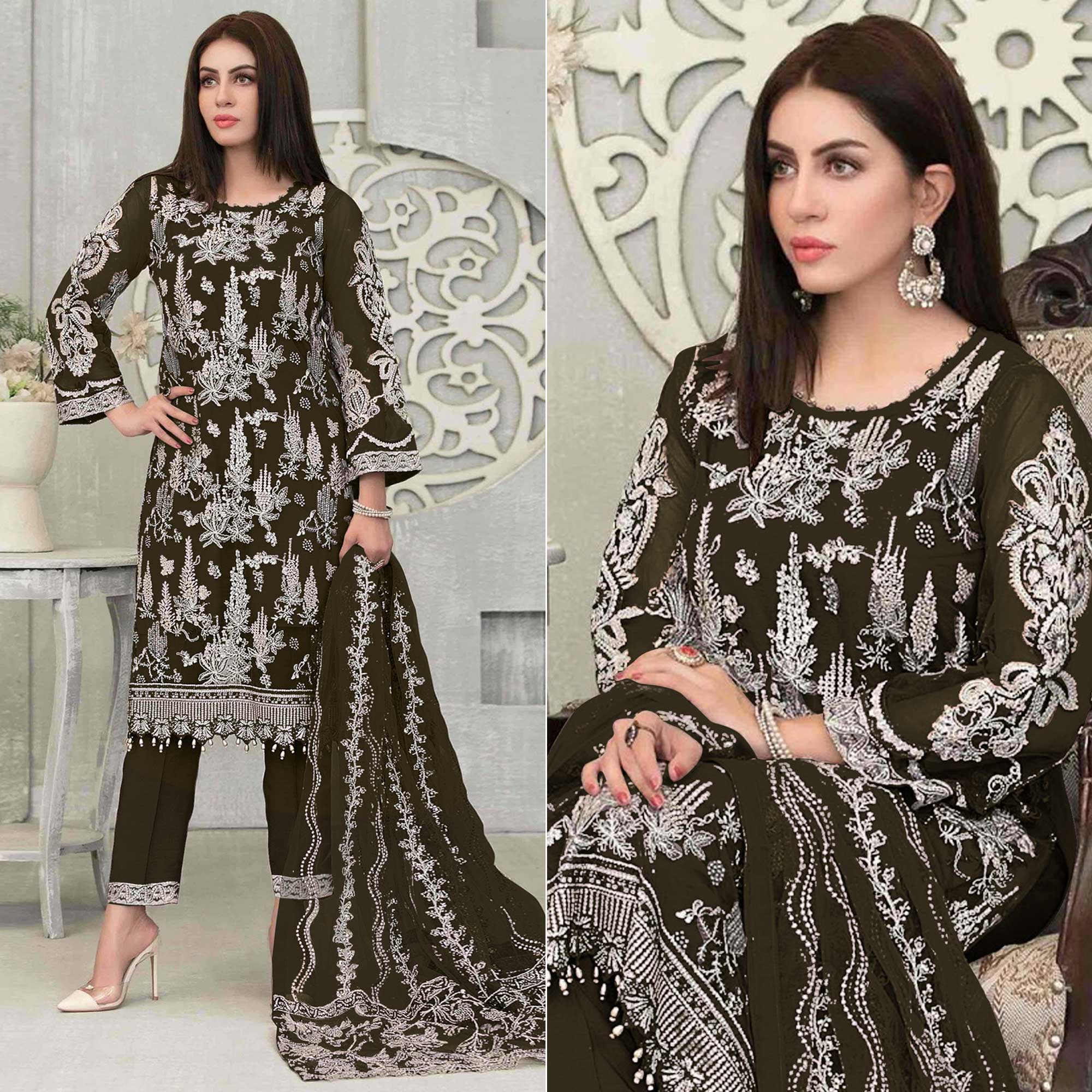 Peachmode Mahendi Green Floral Embroidered Georgette Pakistani Suit
