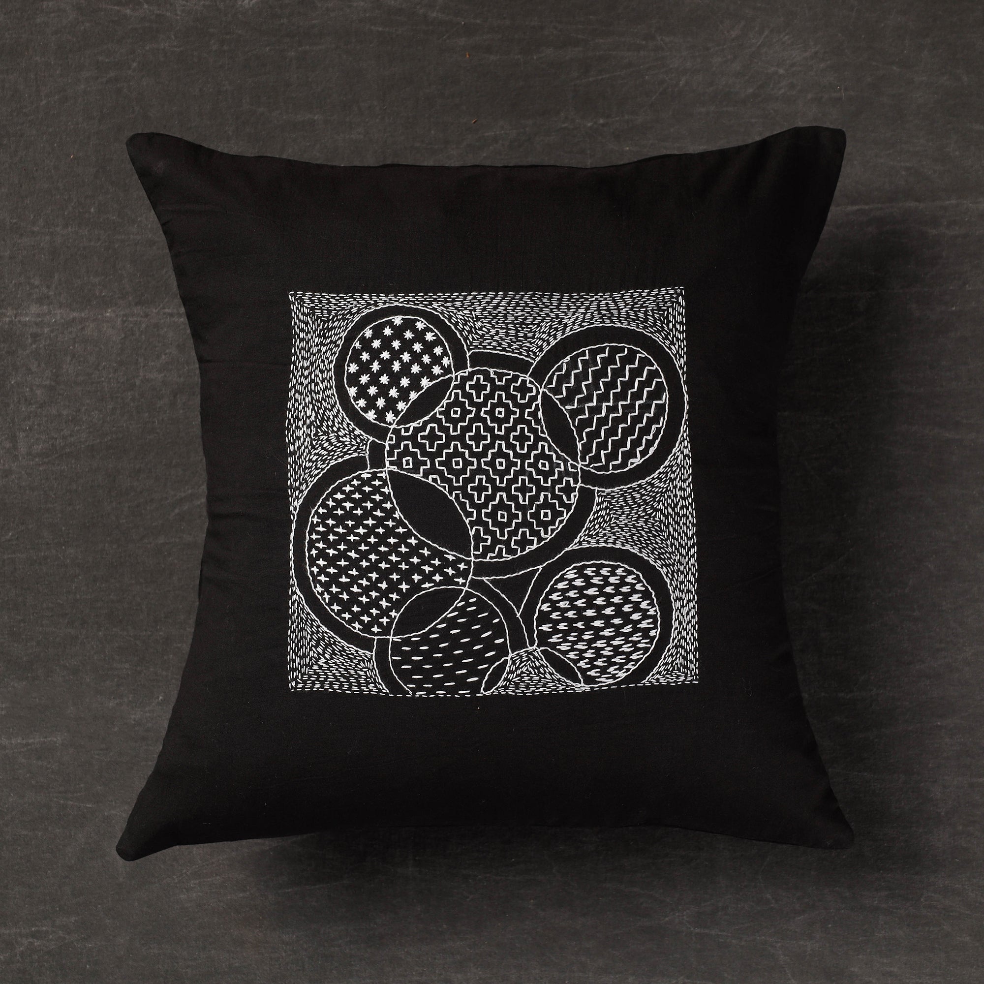 SASHA Black - Sashiko - Kantha Embroidery Handloom Cotton Cushion Cover - (16 x 16 in)