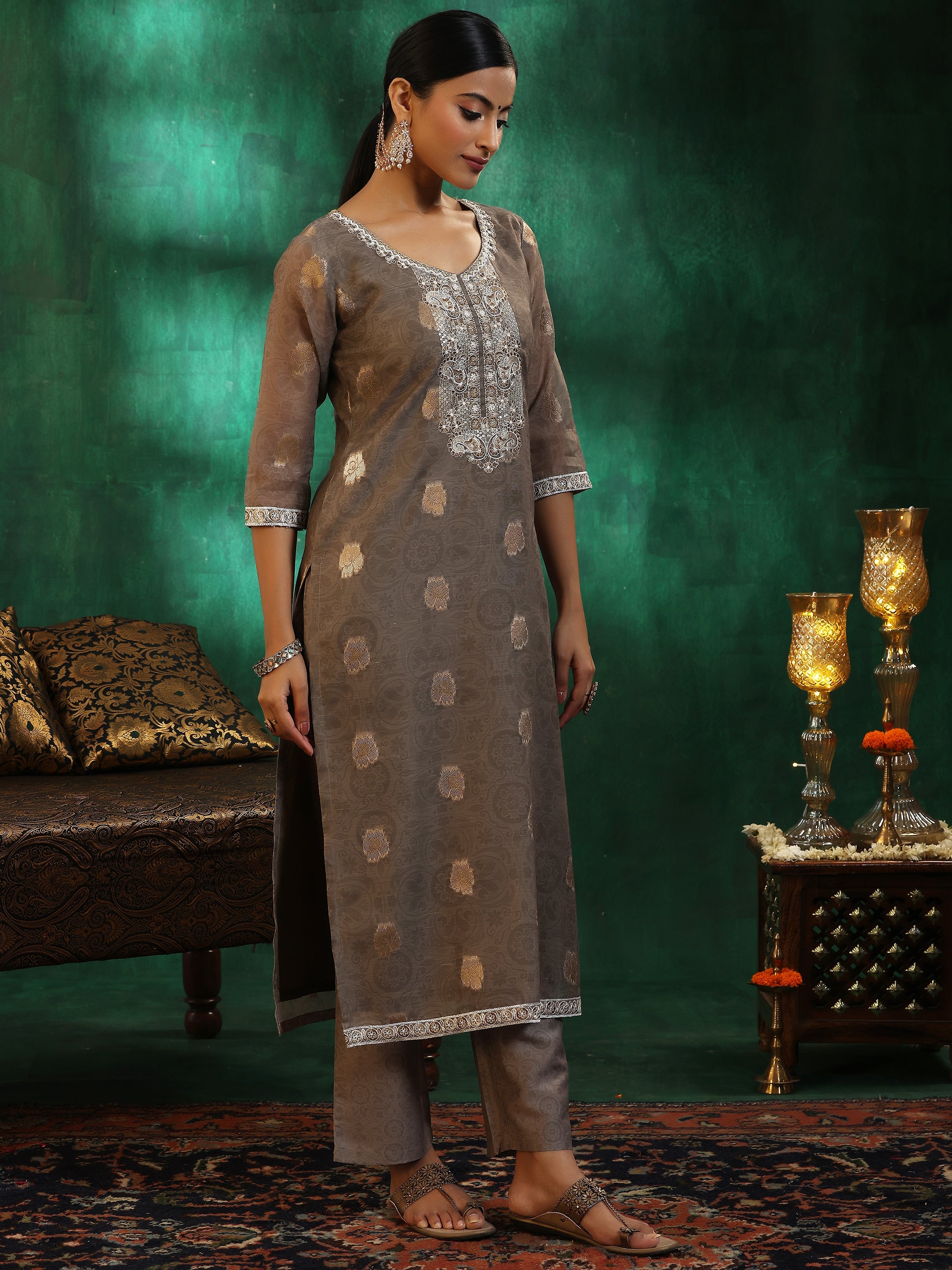 Libas Green Woven Design Silk Blend Straight Suit With Dupatta - view 2