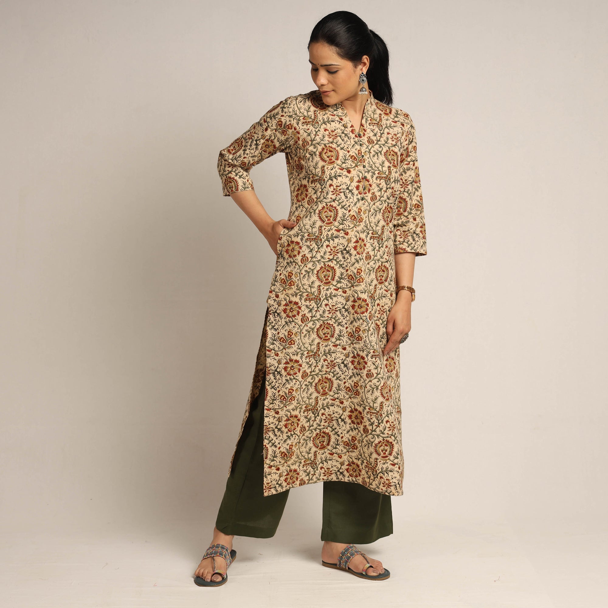 ITOKRI CASUALS Beige - Pedana Kalamkari Block Printed Cotton Kurta with Palazzo Set - view 2