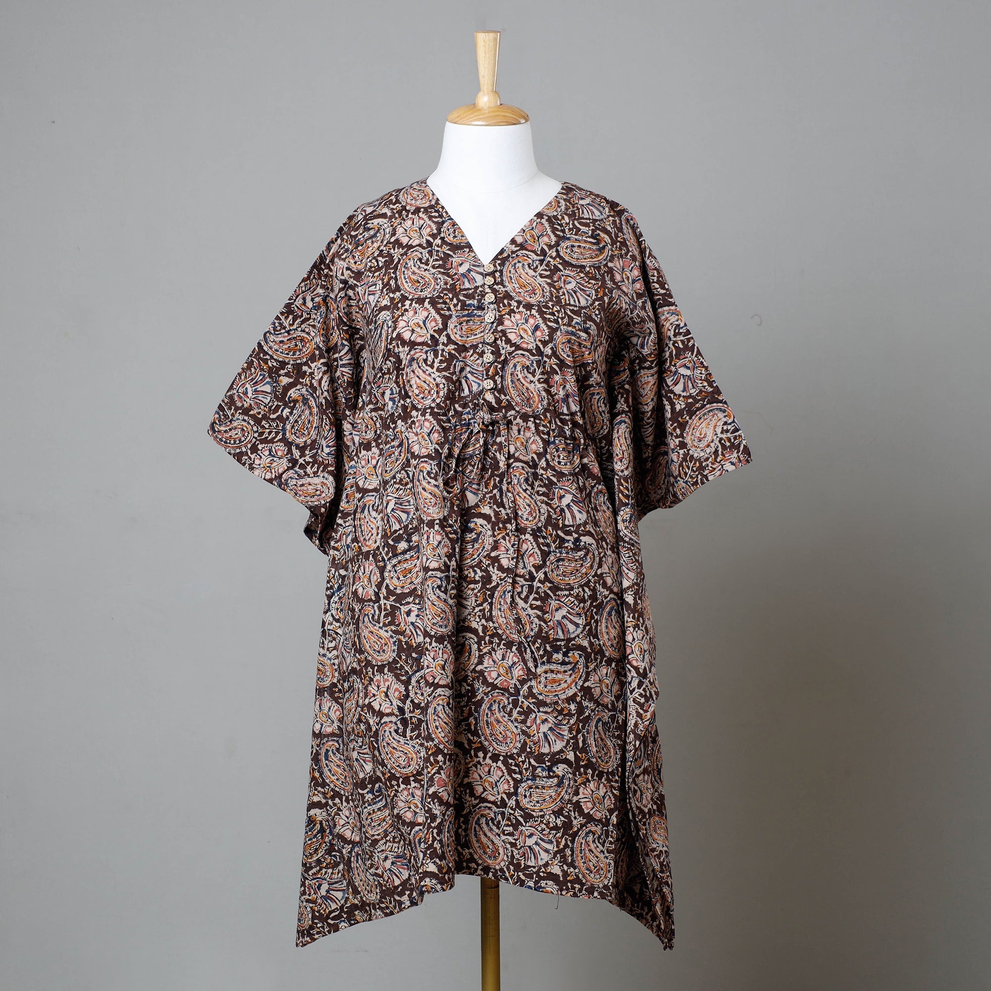 ITOKRI CASUALS Brown - Block Print Cotton Kalamkari Kaftan with Tie-Up Waist (Medium)