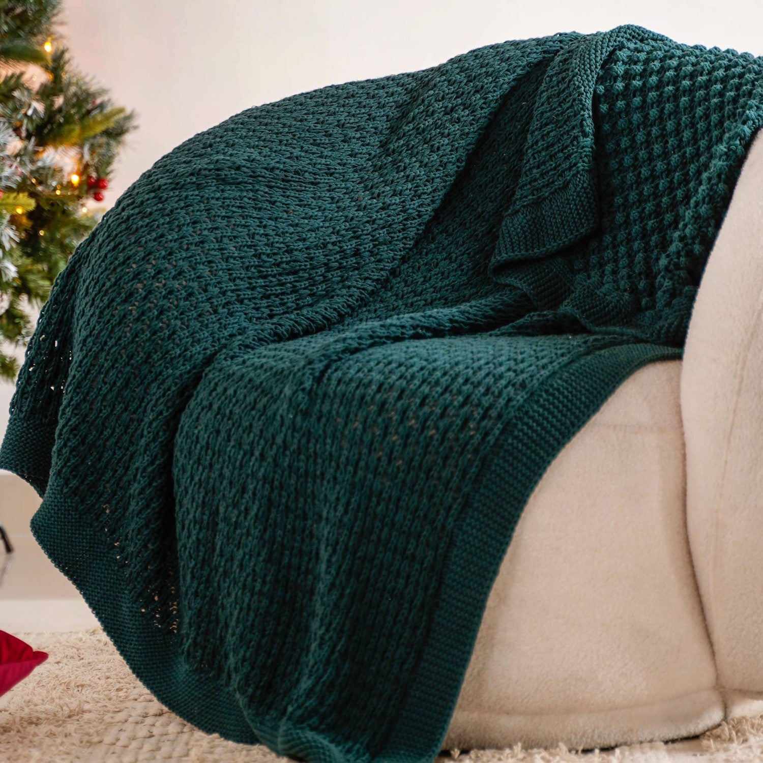 Nestasia Green Cable Knitted Pure Cotton Soft Throw Blanket - view 2