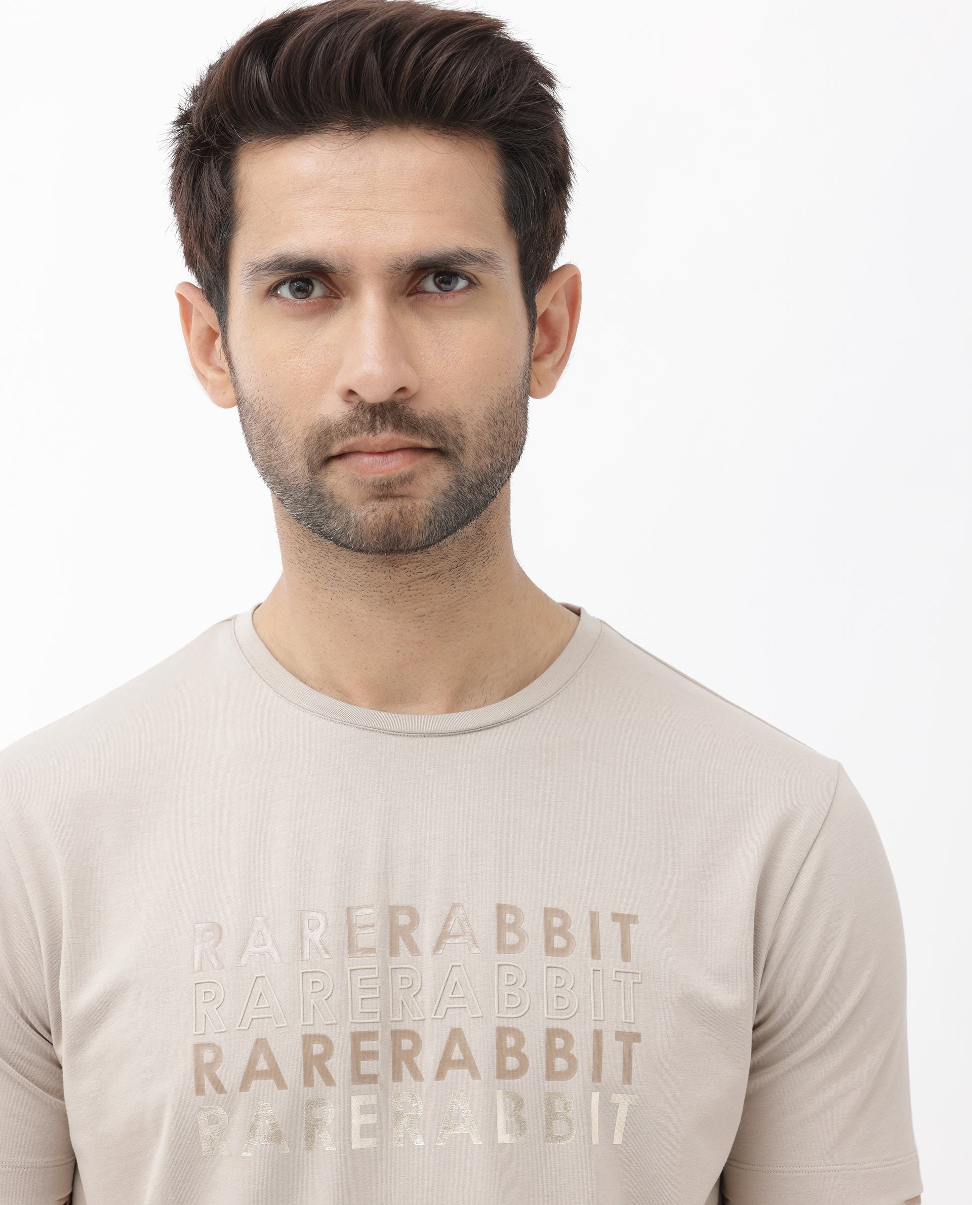 Rare Rabbit Men's Callum Beige Cotton Lycra Fabric Half Sleeves Graphic Statement Print T-Shirt - view 5