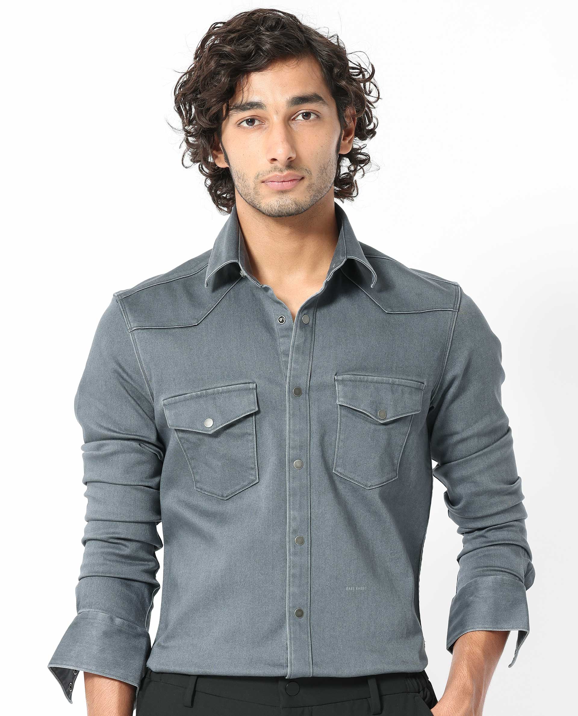Rare Rabbit Men's Xenon Grey Cotton Polyester Fabric Full Sleeves Solid Shirt