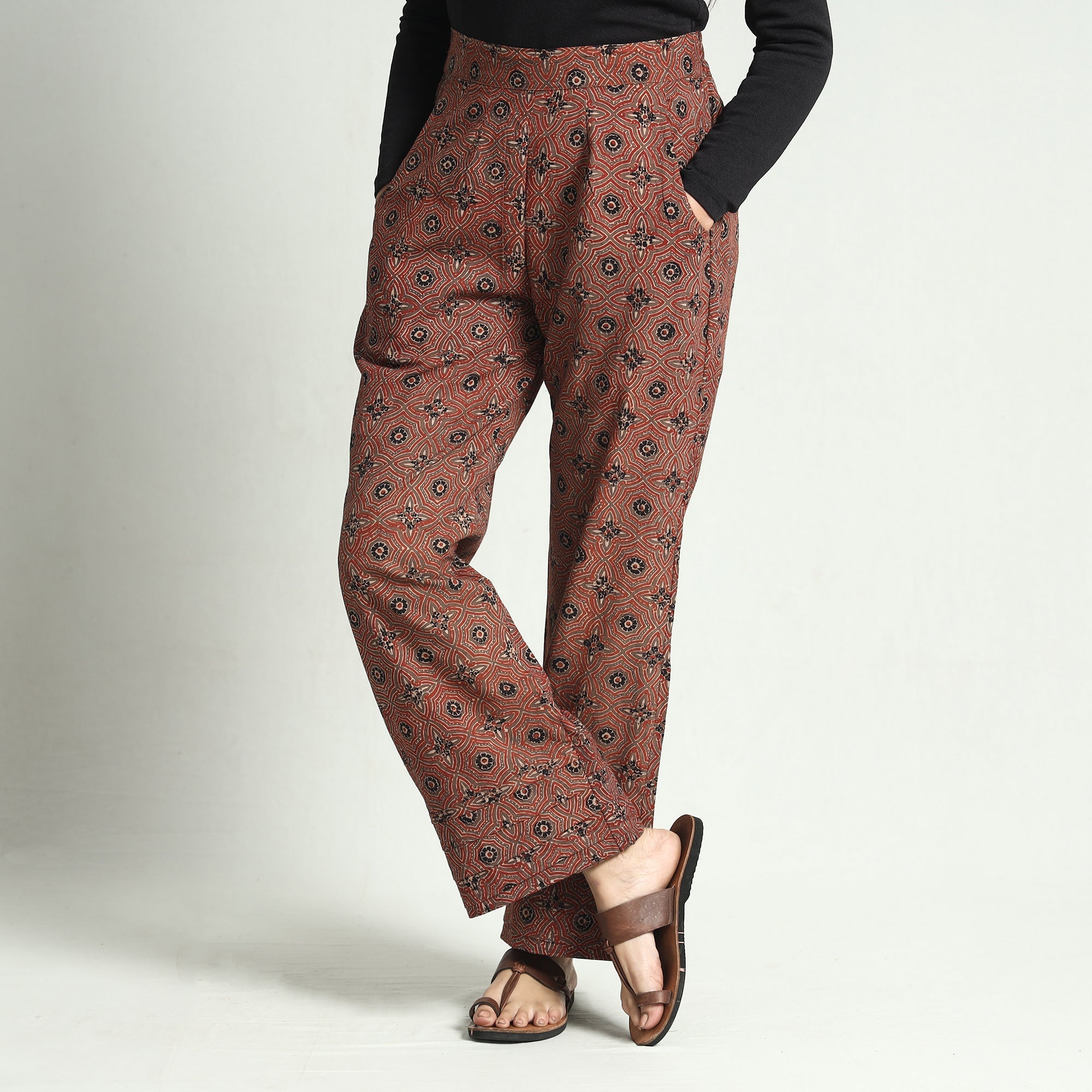 ITOKRI CASUALS Brown - Ajrakh Block Printed Cotton Elasticated Palazzo - view 2