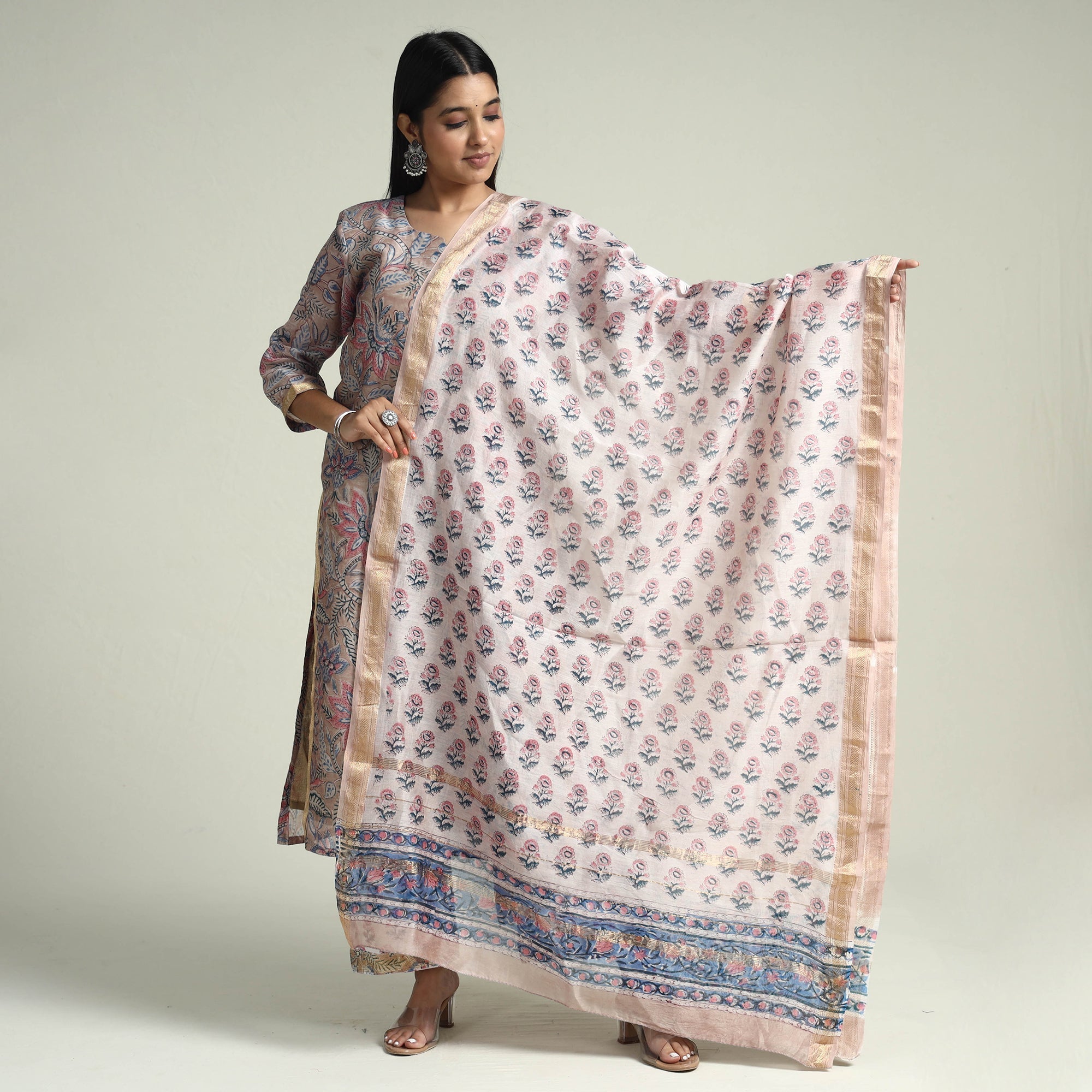 ITOKRI CASUALS Brown - Sanganeri Block Printed Maheshwari Silk Kurta with Palazzo & Dupatta Set - view 2