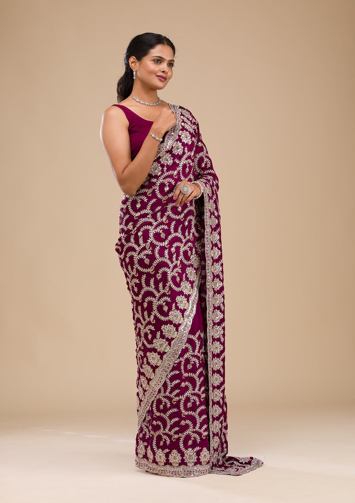 Koskii Wine Zariwork Georgette Saree – Women's - view 4