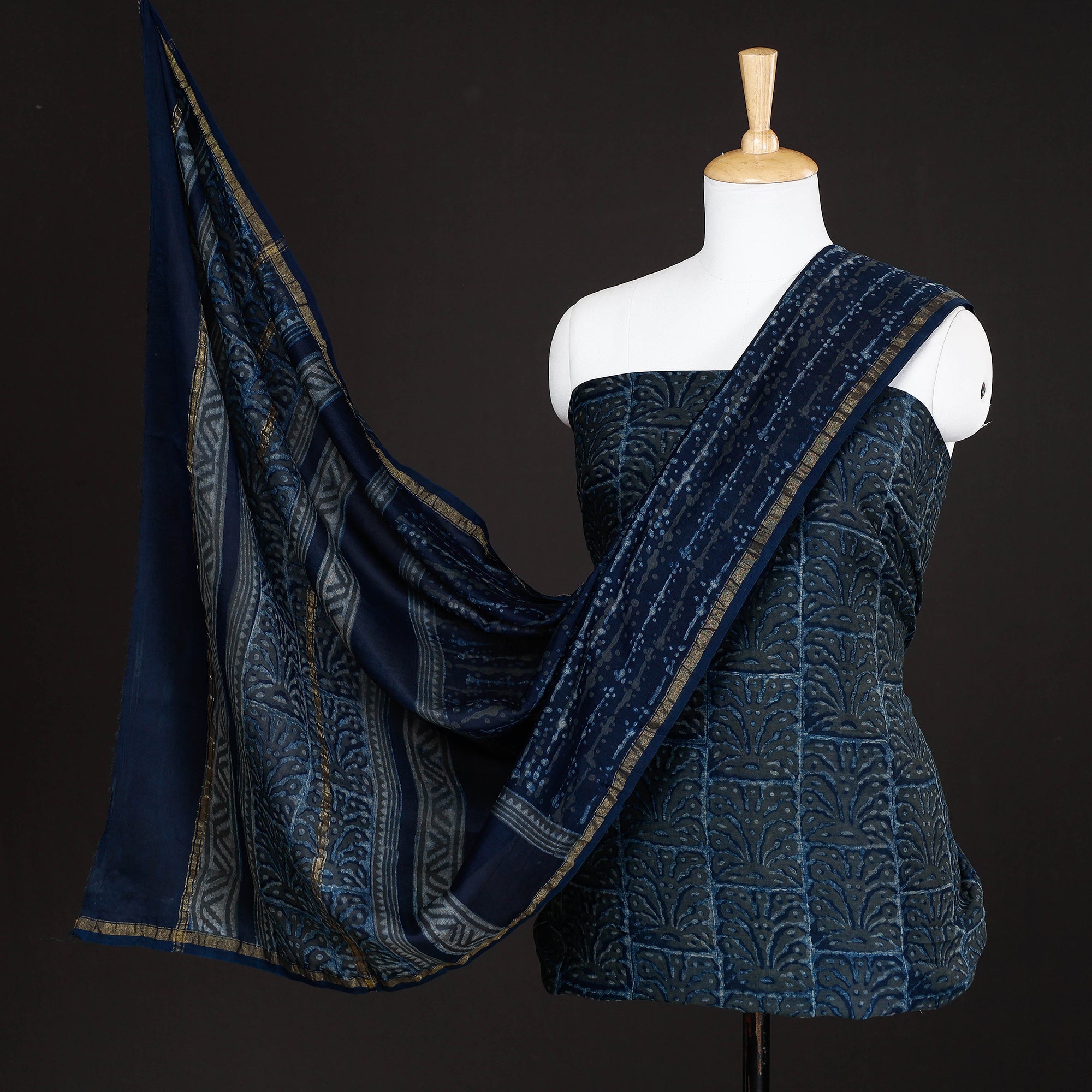 HAVELI CHRONICLES Blue - 3pc Akola Block Printed Chanderi Silk Suit Material Set