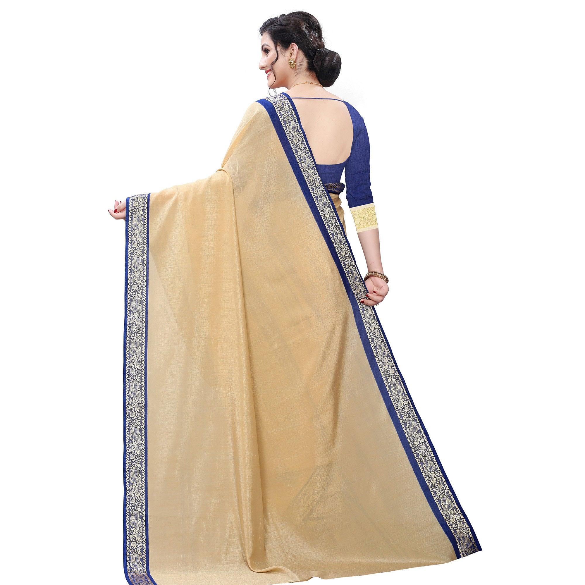 Peachmode Classy Beige Colored Festive Wear Woven Vichitra Silk Saree - view 6
