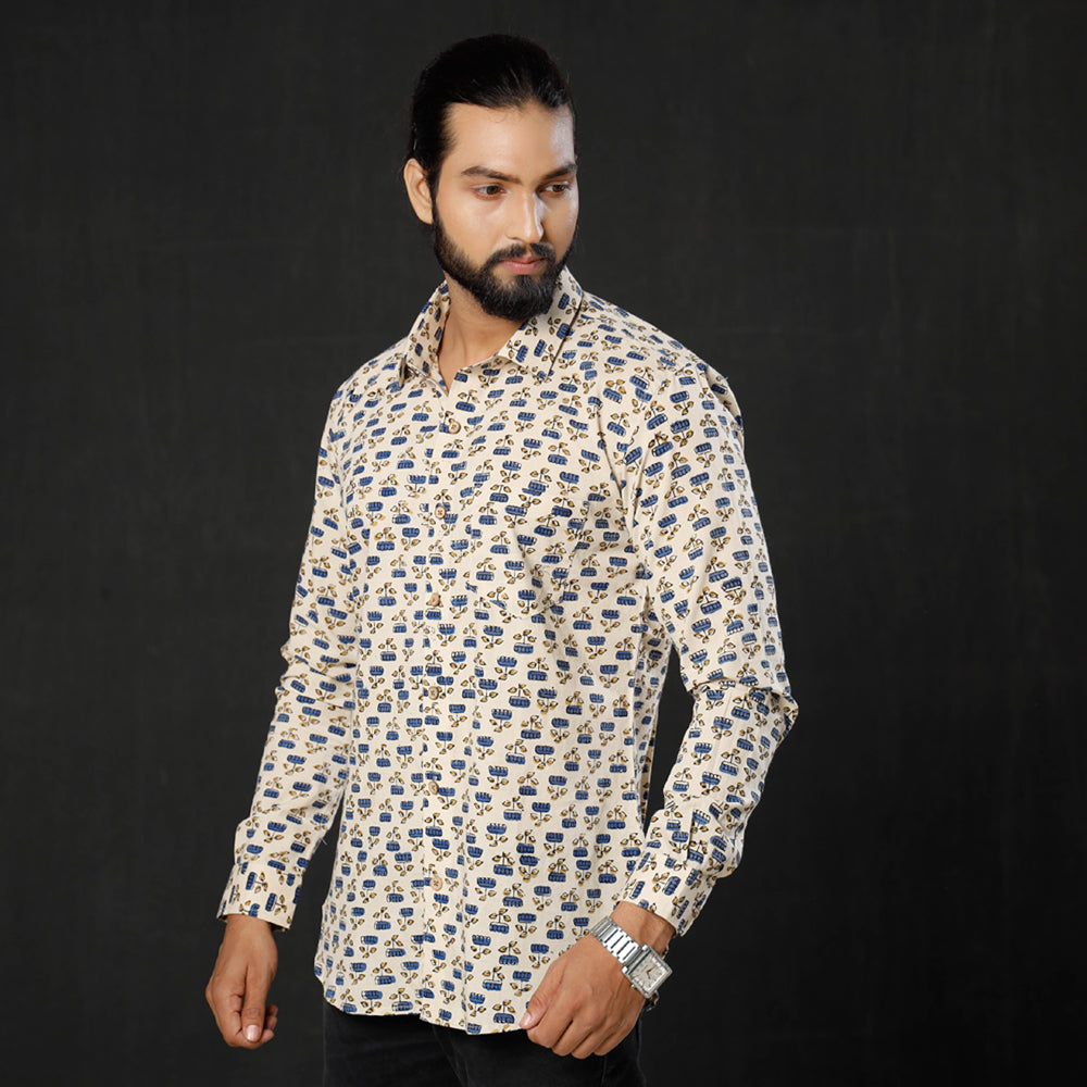 ITOKRI CASUALS Beige - Lotus Ajrakh Block Printed Cotton Men Full Sleeve Shirt - view 2
