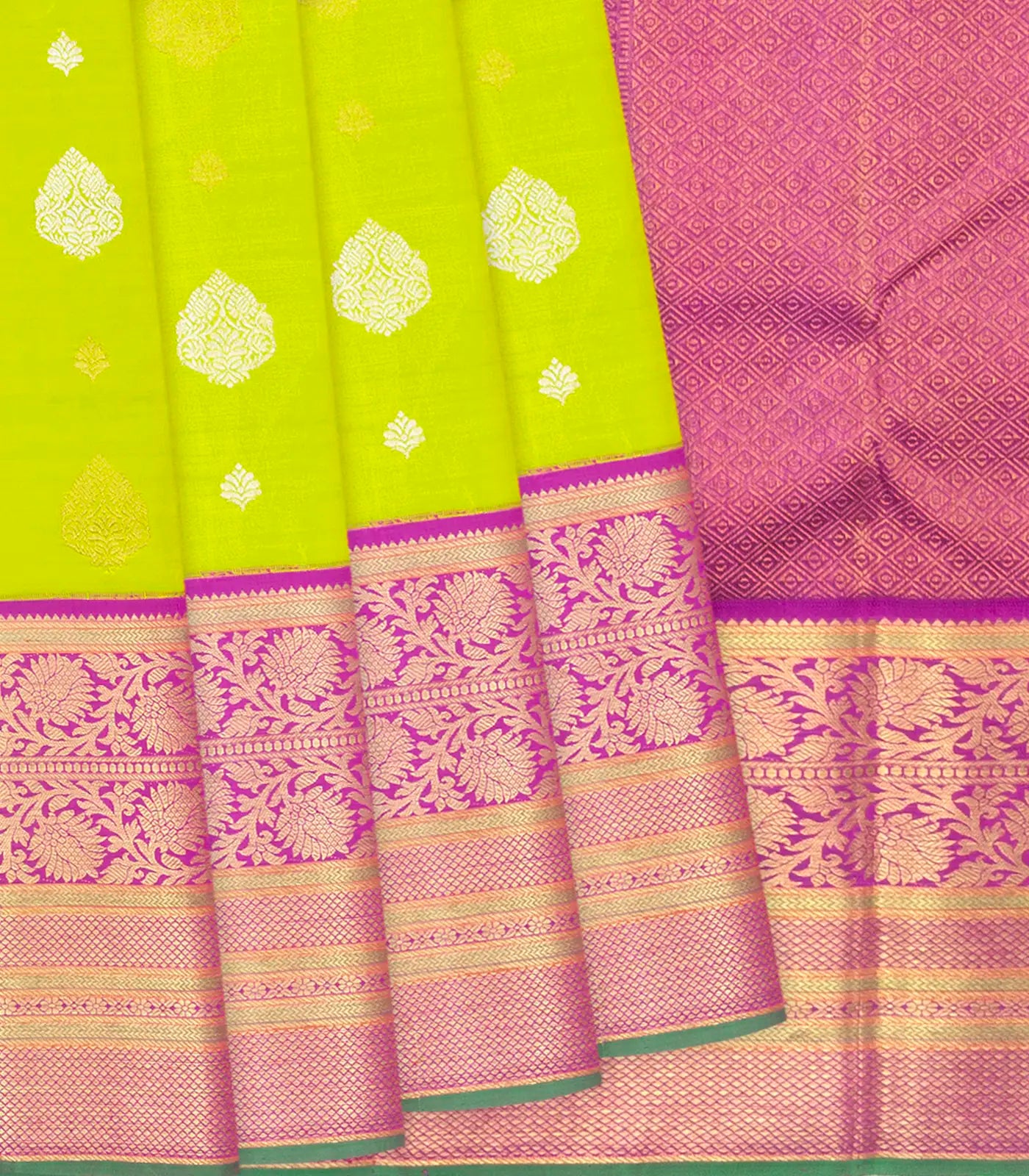 RmKV Neon Green Handloom Kanchipuram Korvai Silk Saree With Floral Motifs-Neon Green