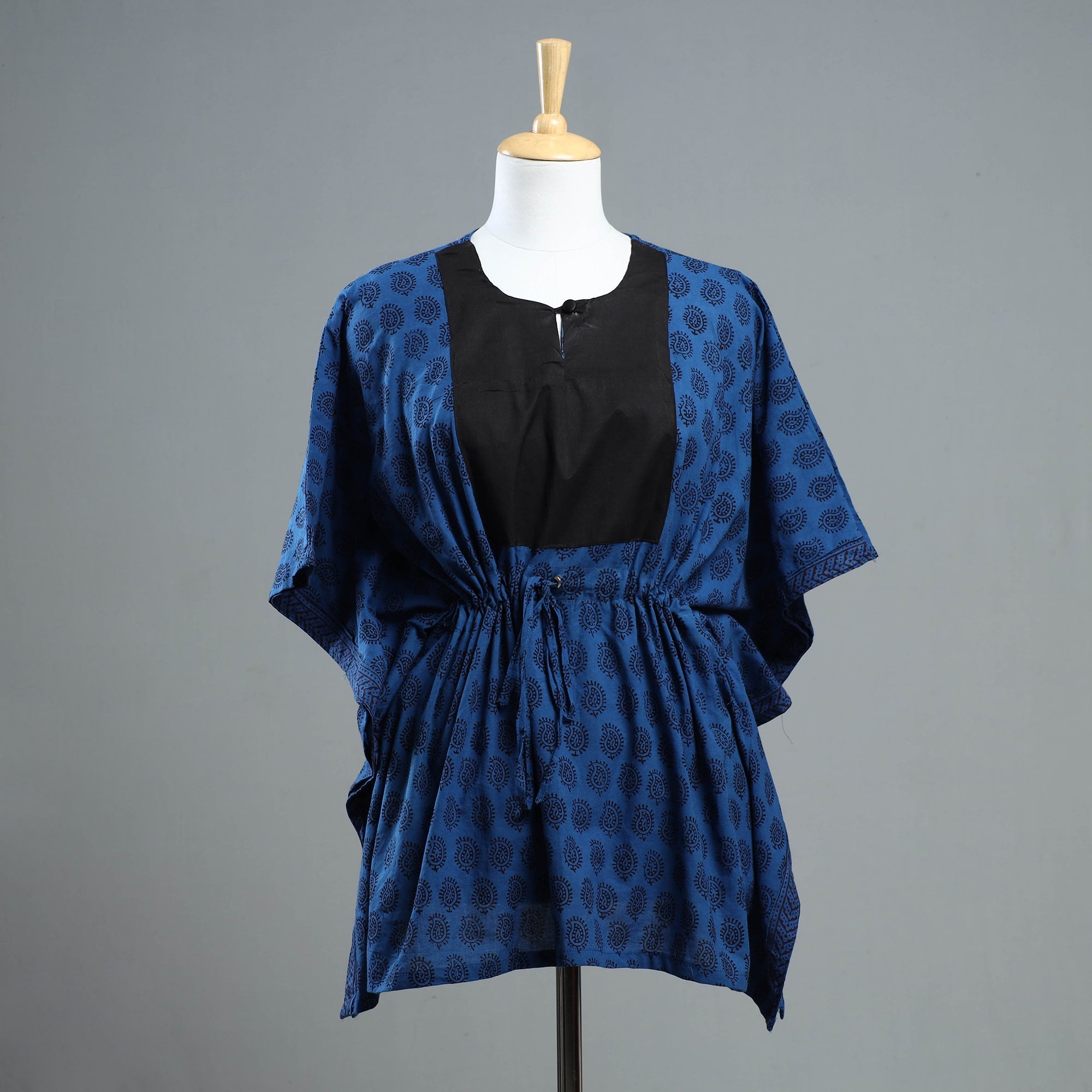 ITOKRI CASUALS Blue - Bagh Block Printed Cotton Kaftan with Tie-Up Waist (Short)