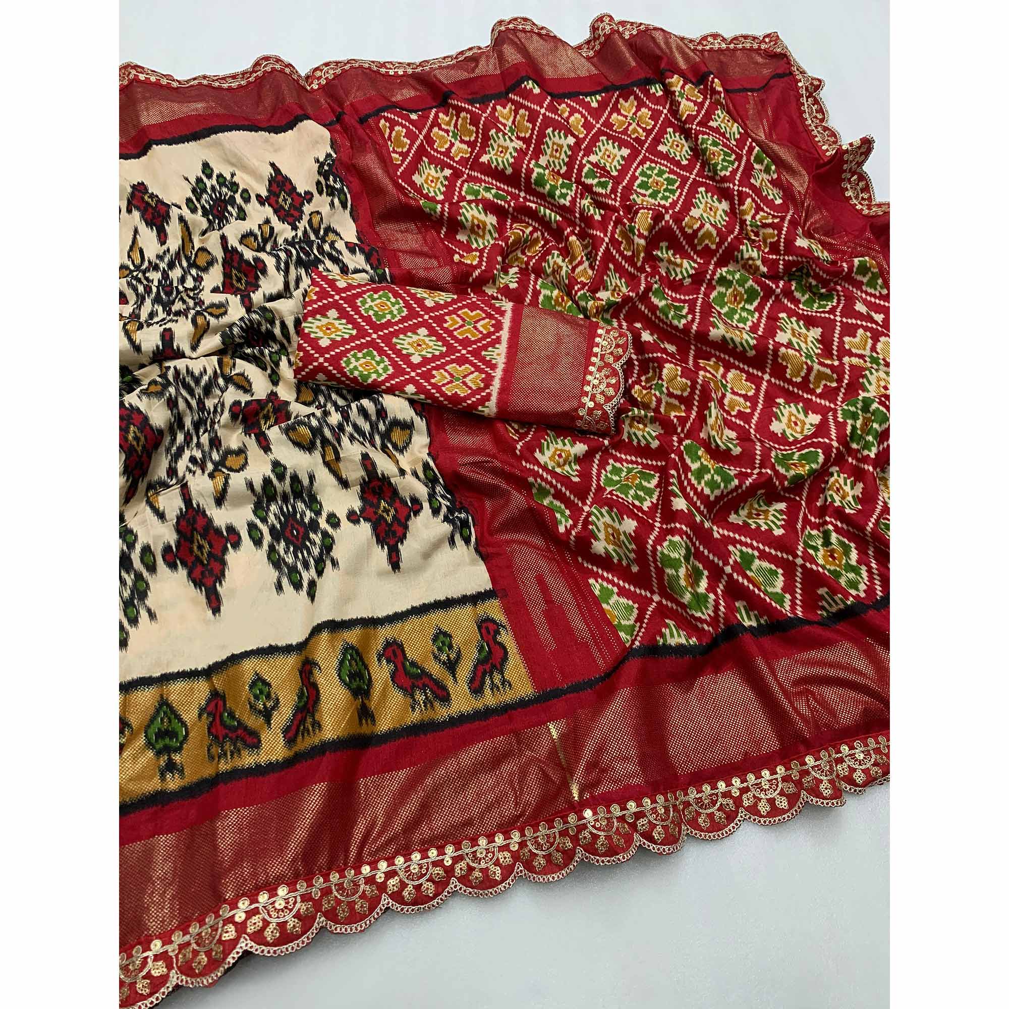 Peachmode Cream Ikkat Printed Dola Silk Saree With Sequins Embroidery Border - view 3