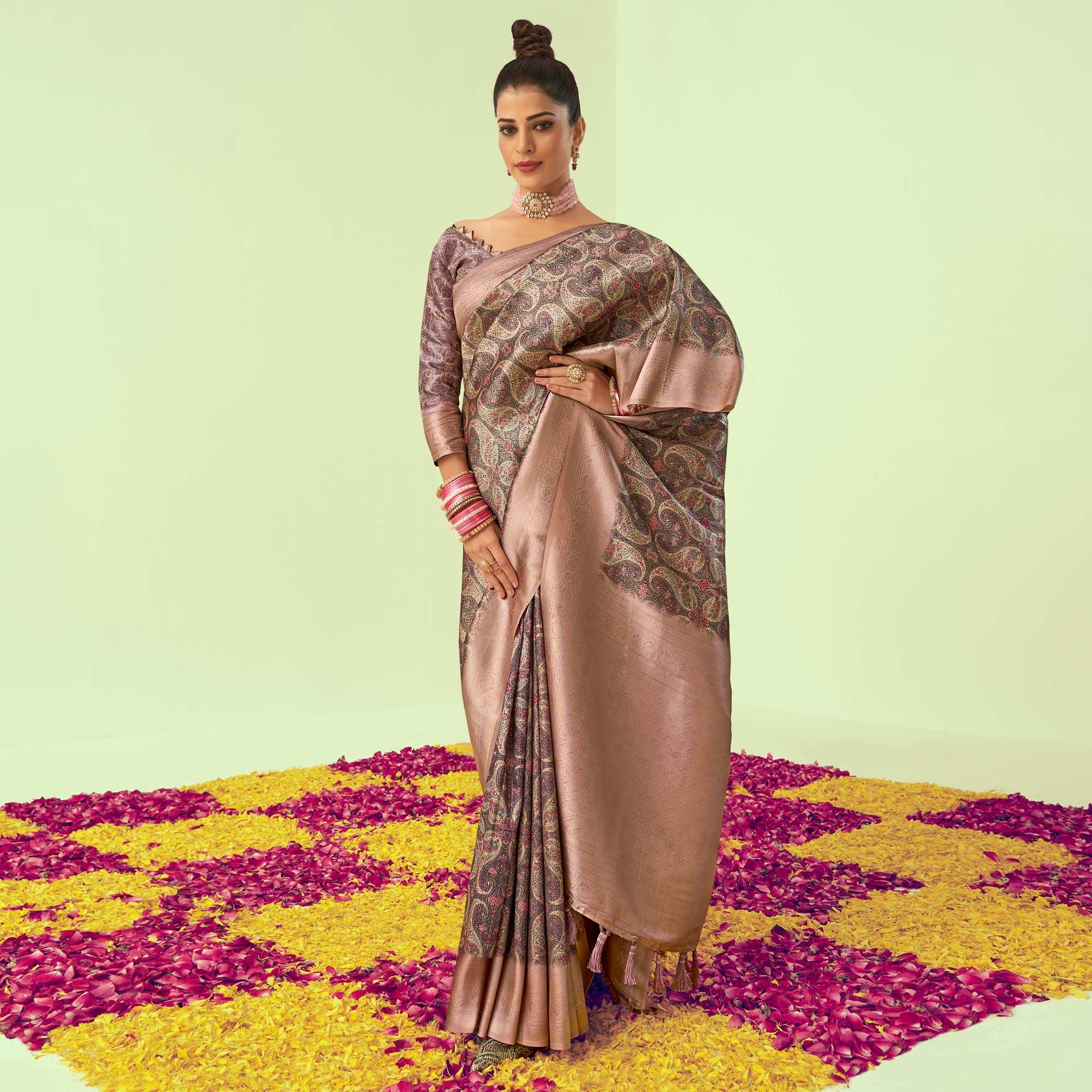 Peachmode Mauve Digital Printed Art Silk Saree With Tassels