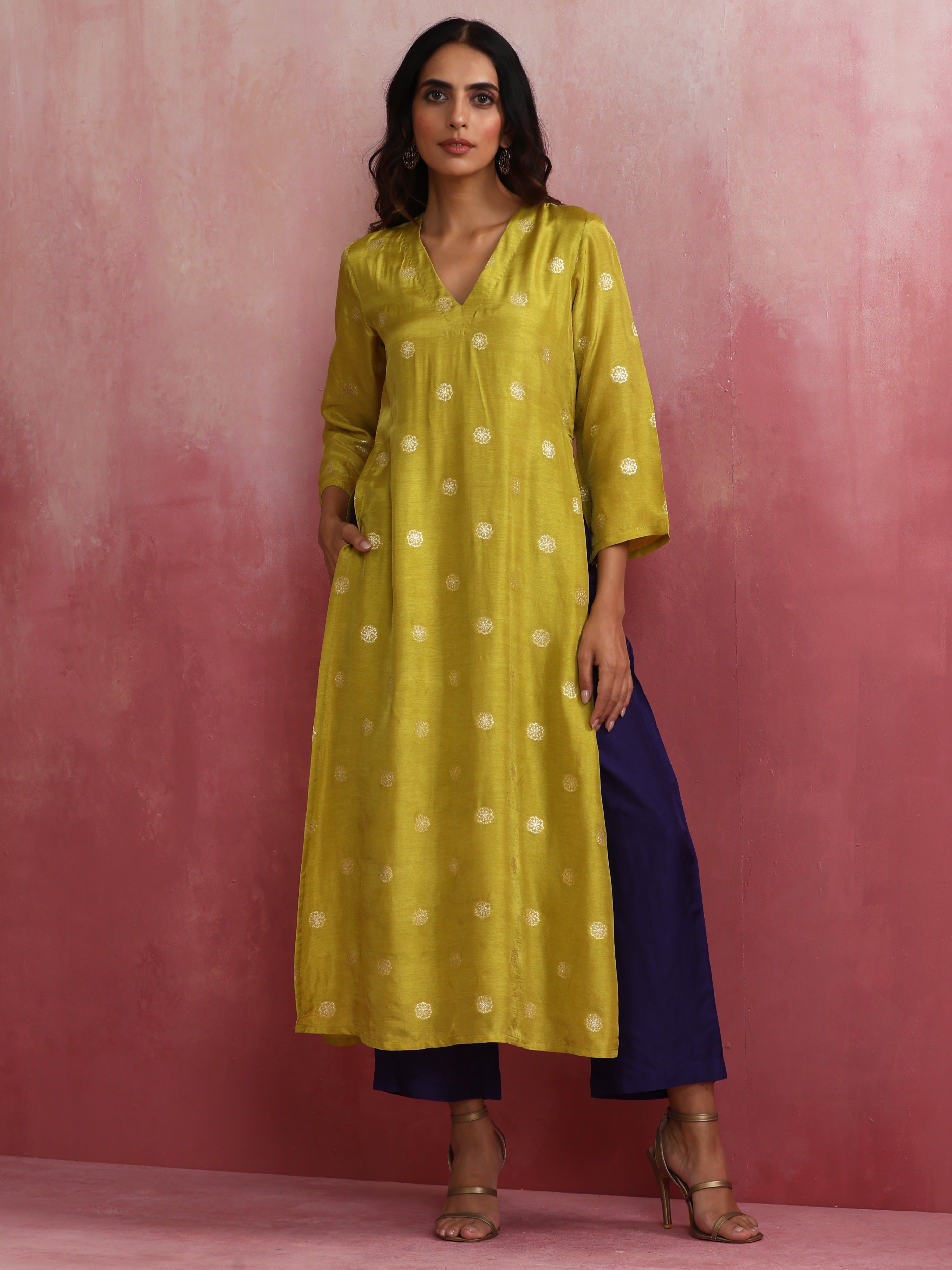 trueBrowns Lime Viscose Silk Kurta Set