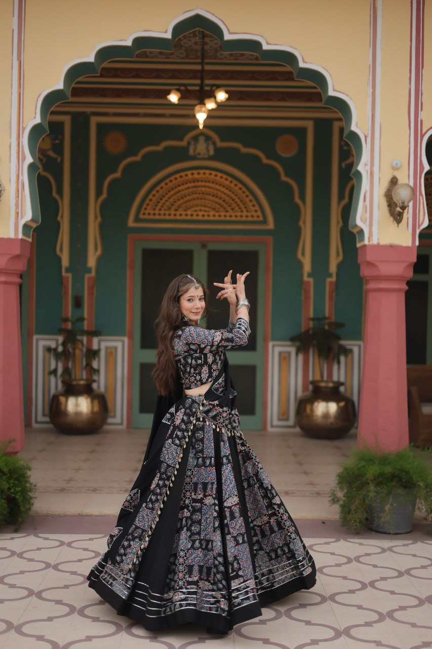 ClothsVilla.com Black Festive Printed Rayon Lehenga Choli Set with Gota Patti & Kodi Lace