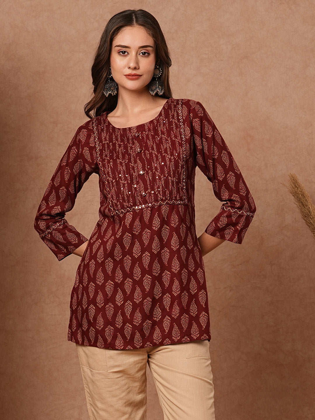 Fashor Ethnic Printed Mirror, Resham & Sequins Embroidered Kurti - Maroon - view 4