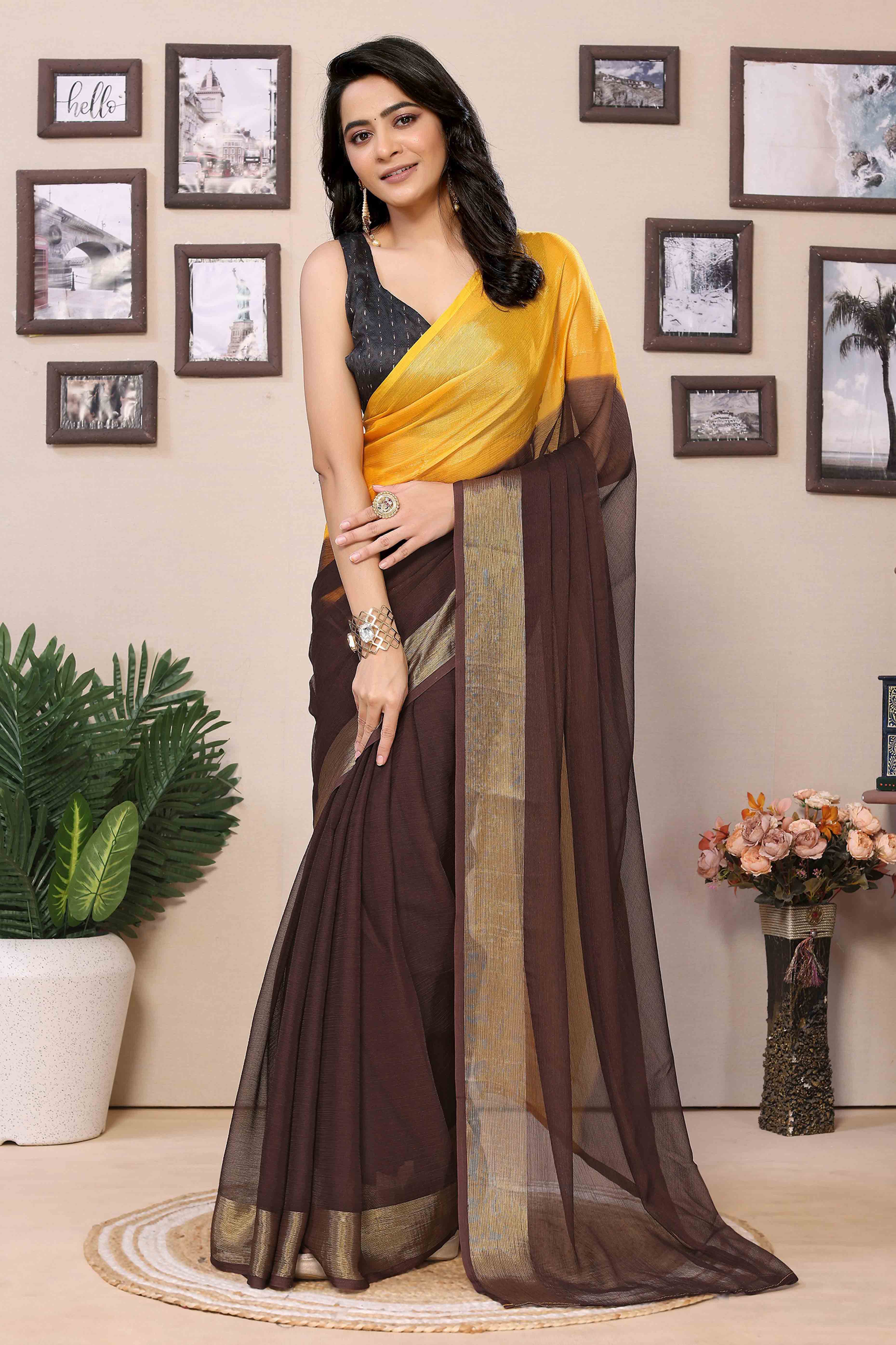 Peachmode Seller Brown & Yellow Solid With Zari Woven Border Chiffon Ready To Wear Ombre Saree