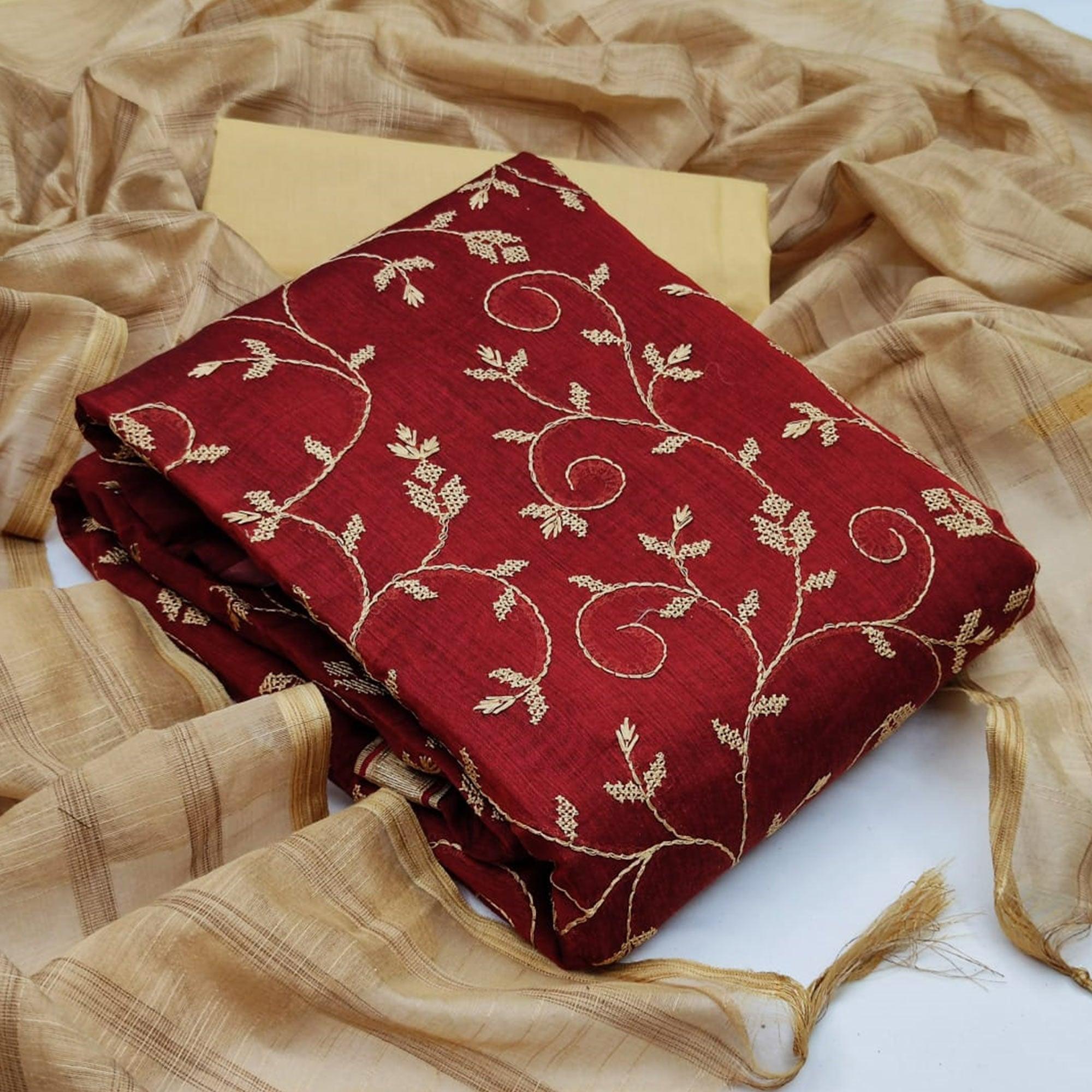 Peachmode Innovative Red Colored Casual Wear Embroidered Chanderi Dress Material