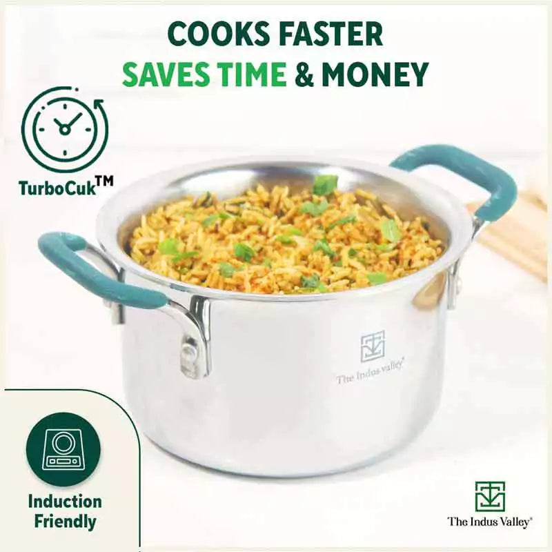 The Indus Valley TurboCuk Tri-ply Stainless Steel Cokware Set: Free ₹600 Wooden Board+ Kadai+ Biryani Pot, Premium Quality, 3 Layer Thick Body, 100% T - view 7