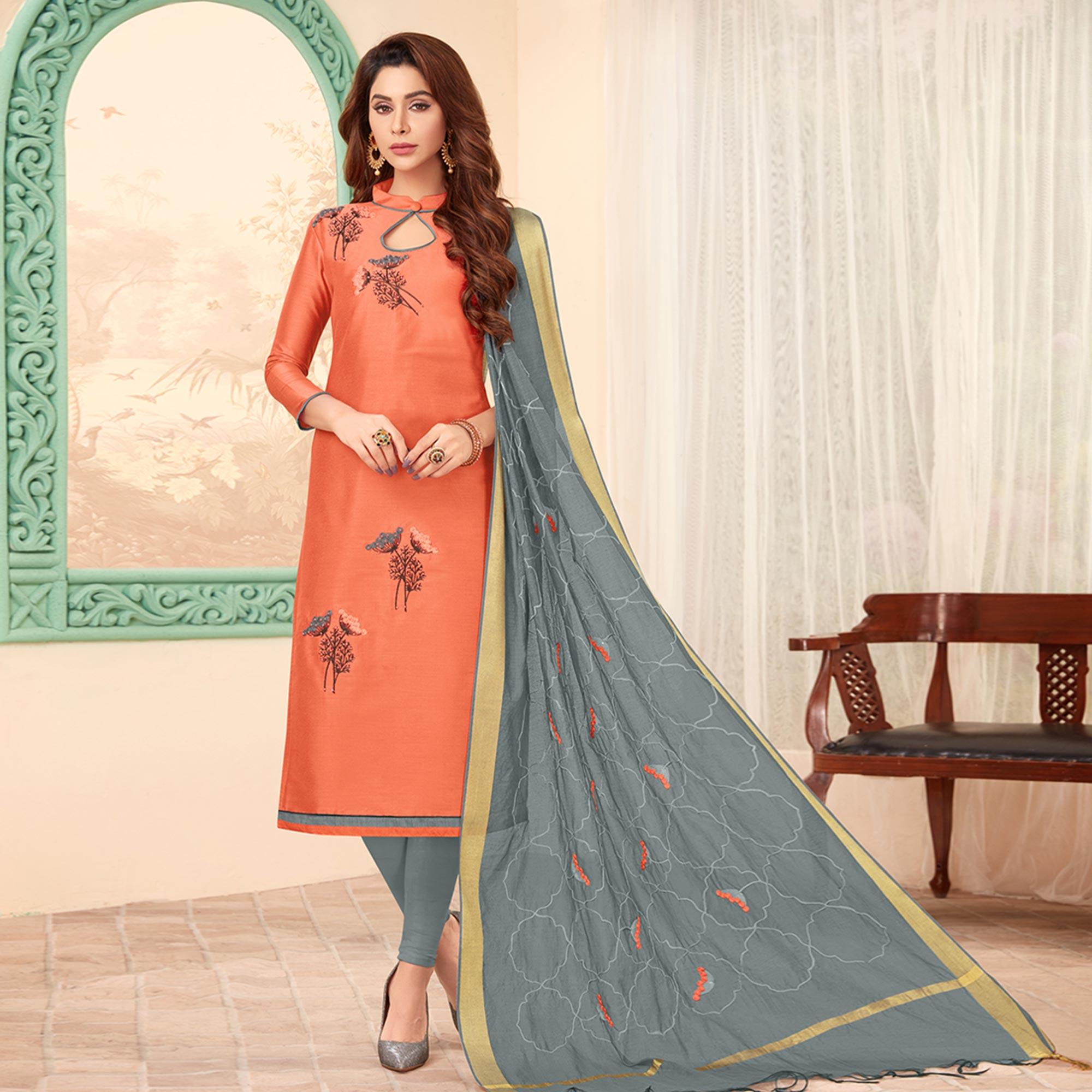 Peachmode Lovely Peach Colored Casual Wear Embroidered Cotton Dress Material - view 3
