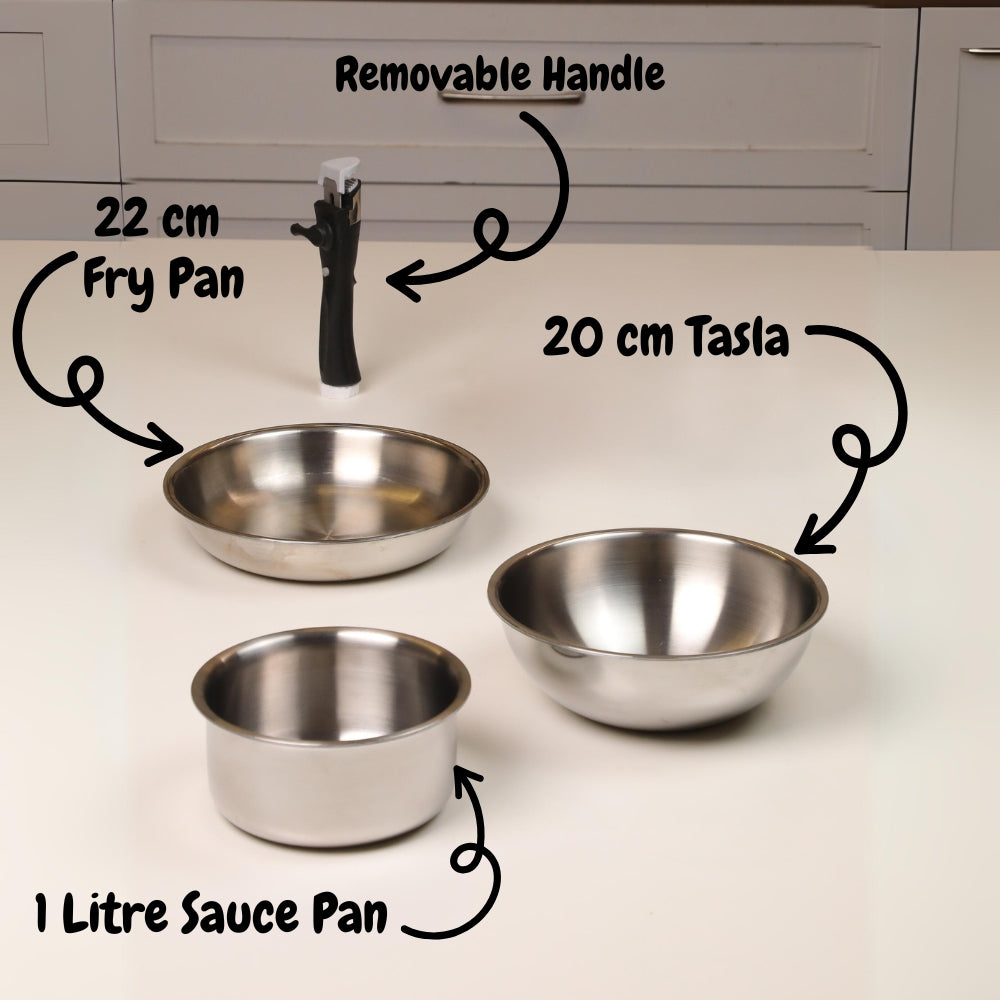 Softel Tri-Ply Cookware Combo with Removable Handle (Tasla + Fry Pan + Sauce Pan + Removable Handle) | Gas & Induction Compatible | Set of 4 Pcs - view 8