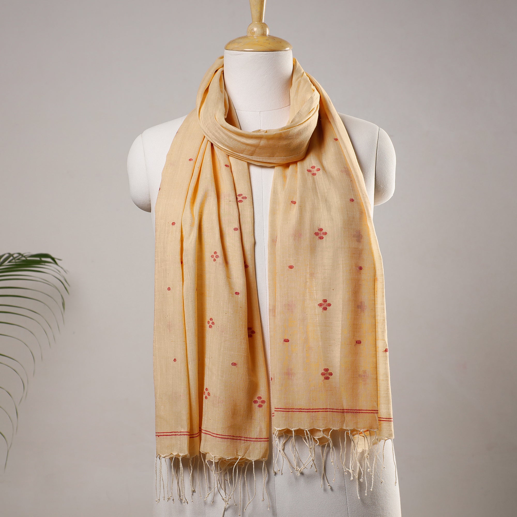 KHUSHBASH - HAPPY LOOM OF EAST Beige - Burdwan Jamdani Buti Handloom Cotton Stole with Tassels