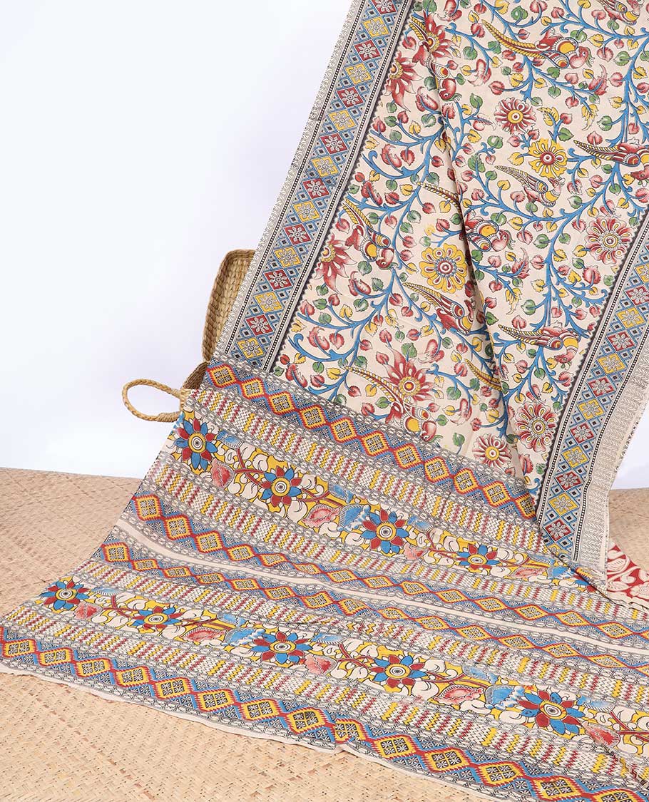 Pothys Cream floral & bird machine-print kalamkari cotton saree, contrast diamond border & kaleidoscopic floral printed pallu