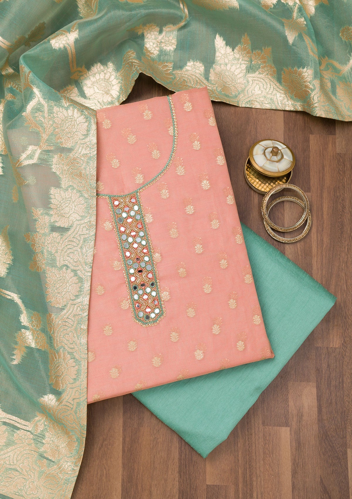 Koskii Peach Zariwork Banarasi Unstitched Salwar Suit