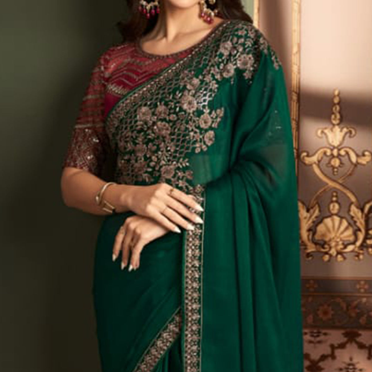 Peachmode Bottle Green Floral Sequins Embroidered Satin Saree - view 3