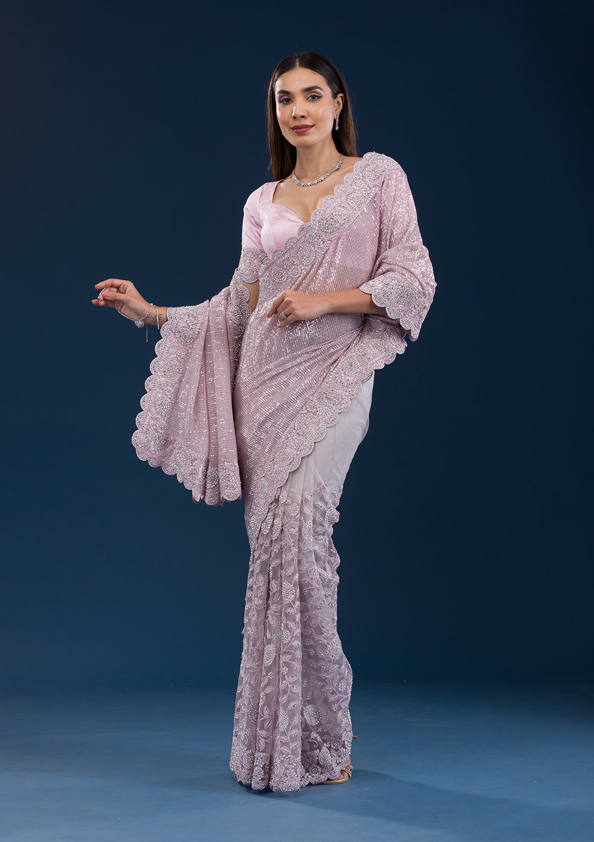 Koskii Baby Pink Threadwork Net Saree – Women's