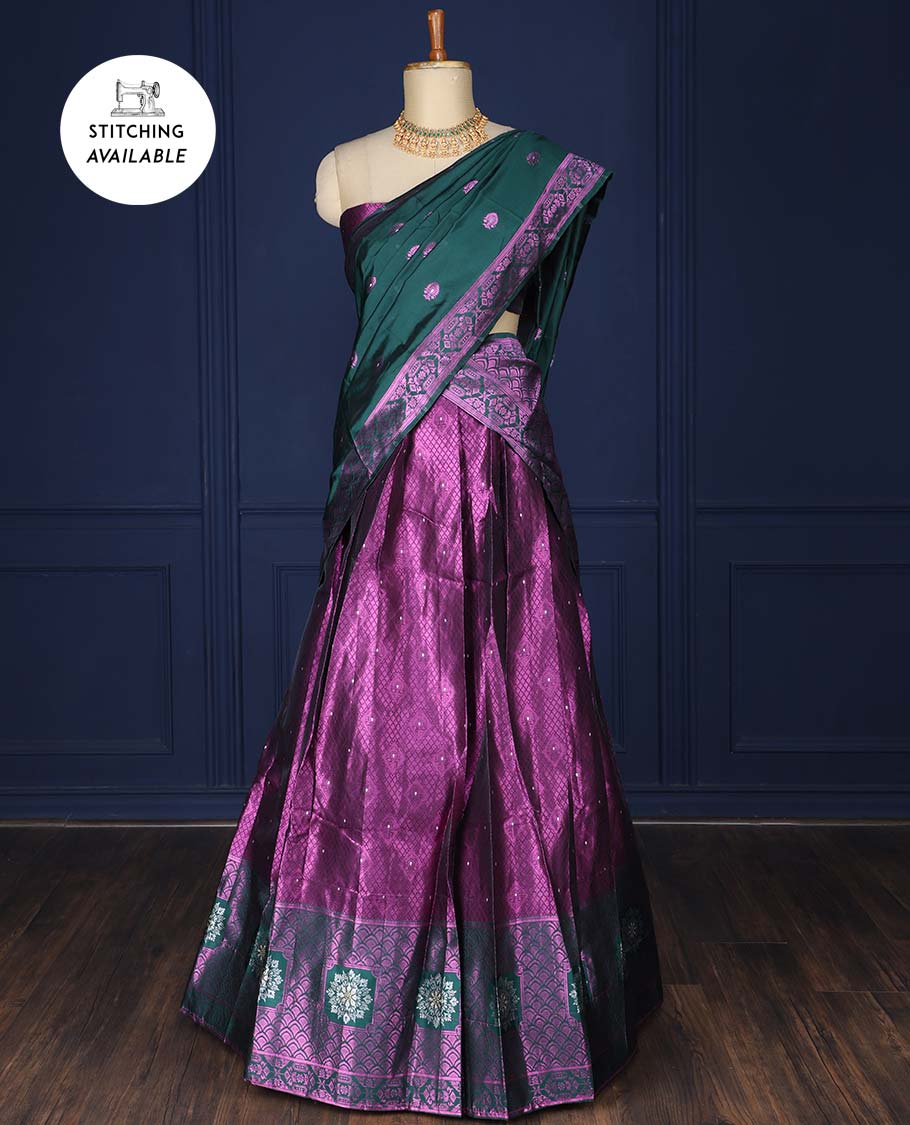 Pothys Purple jacquard art silk half saree, contrast intricate border, jacquard blouse & dhavani of zari designs
