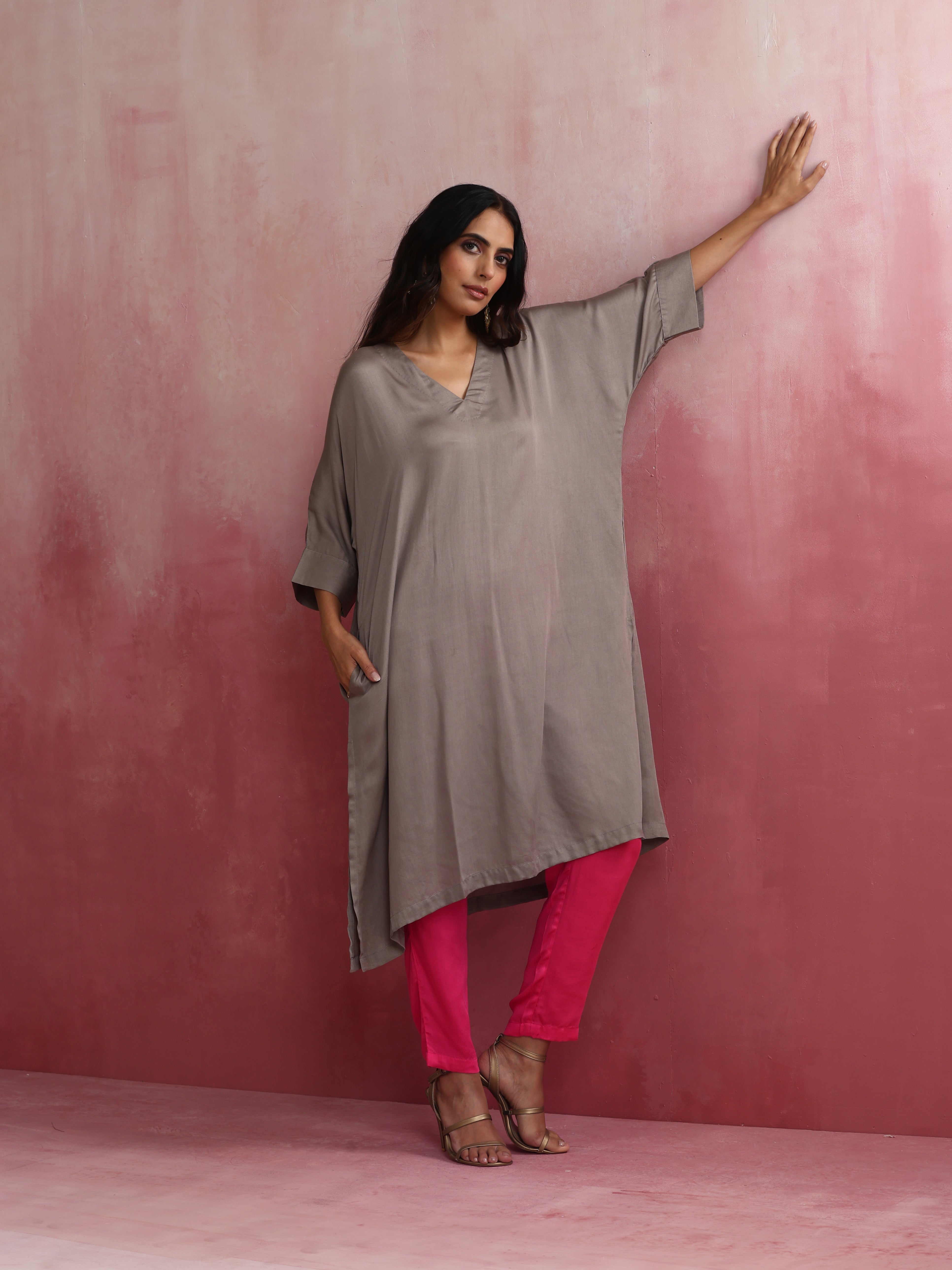 trueBrowns Grey Modal Kimono Kurta Set - view 2