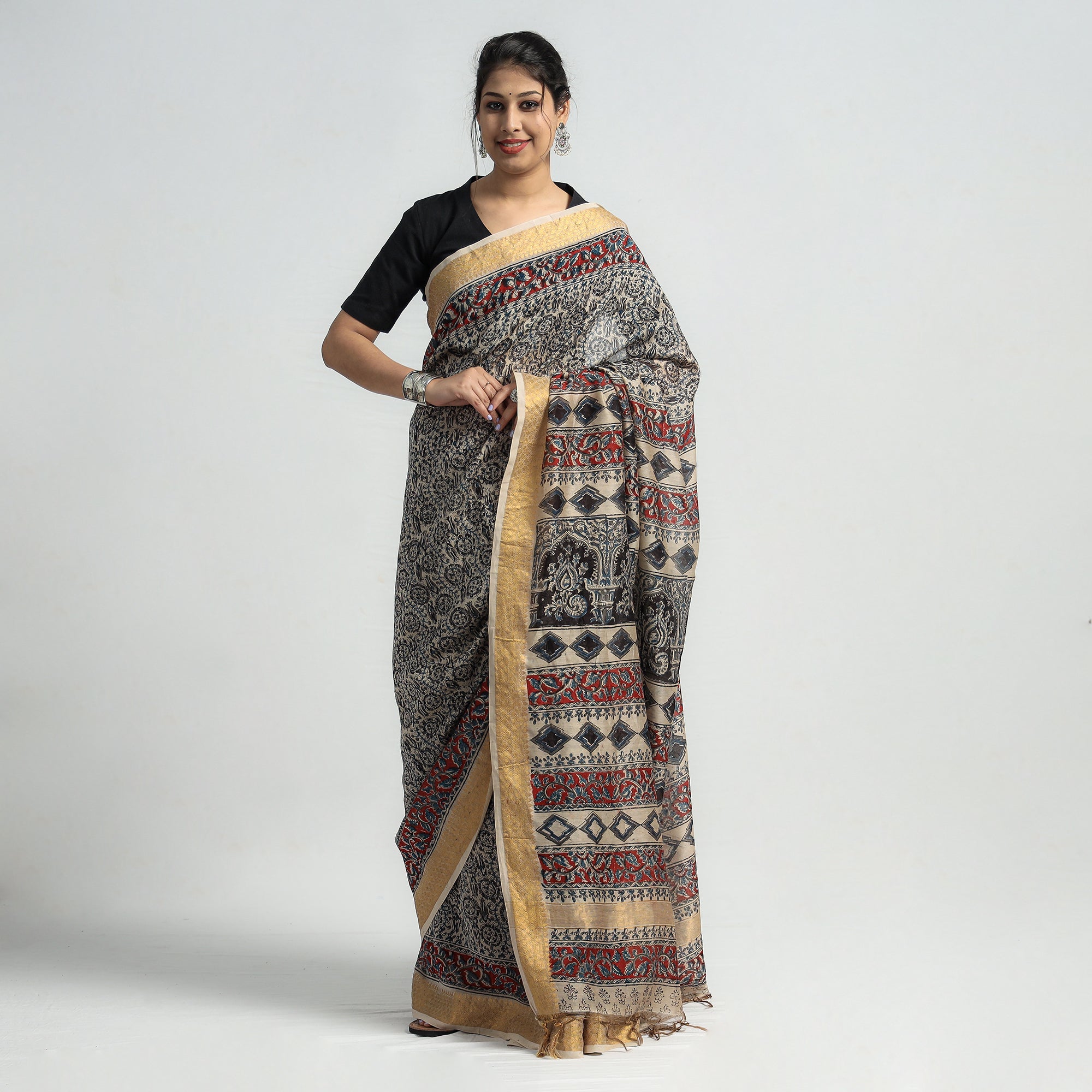 VENKATA BHANU KALAMKARI PEDANA Black - Original Pedana Kalamkari Block Print Silk Saree