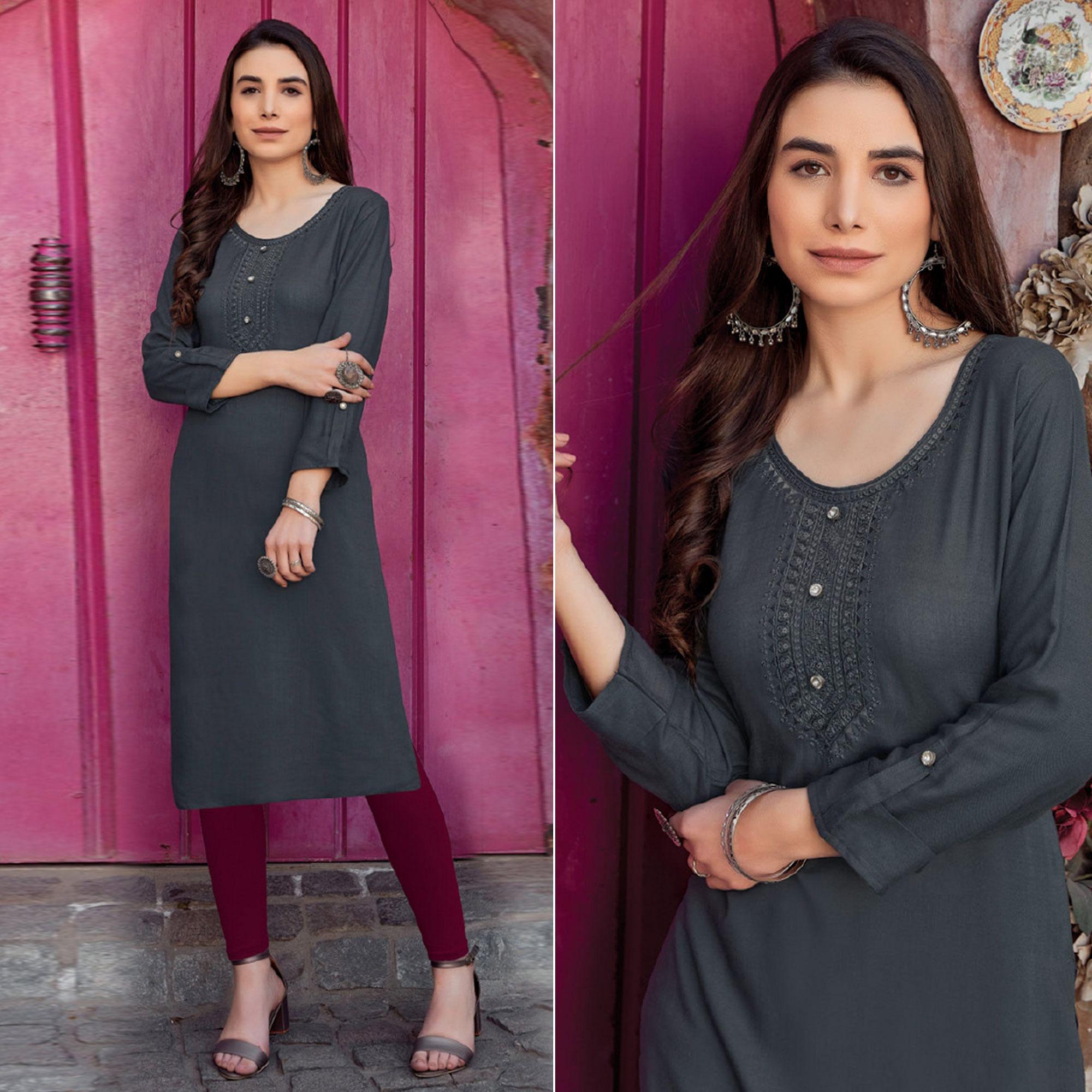 Peachmode Seller Grey Sequins Embroidered Pure Cotton Kurti