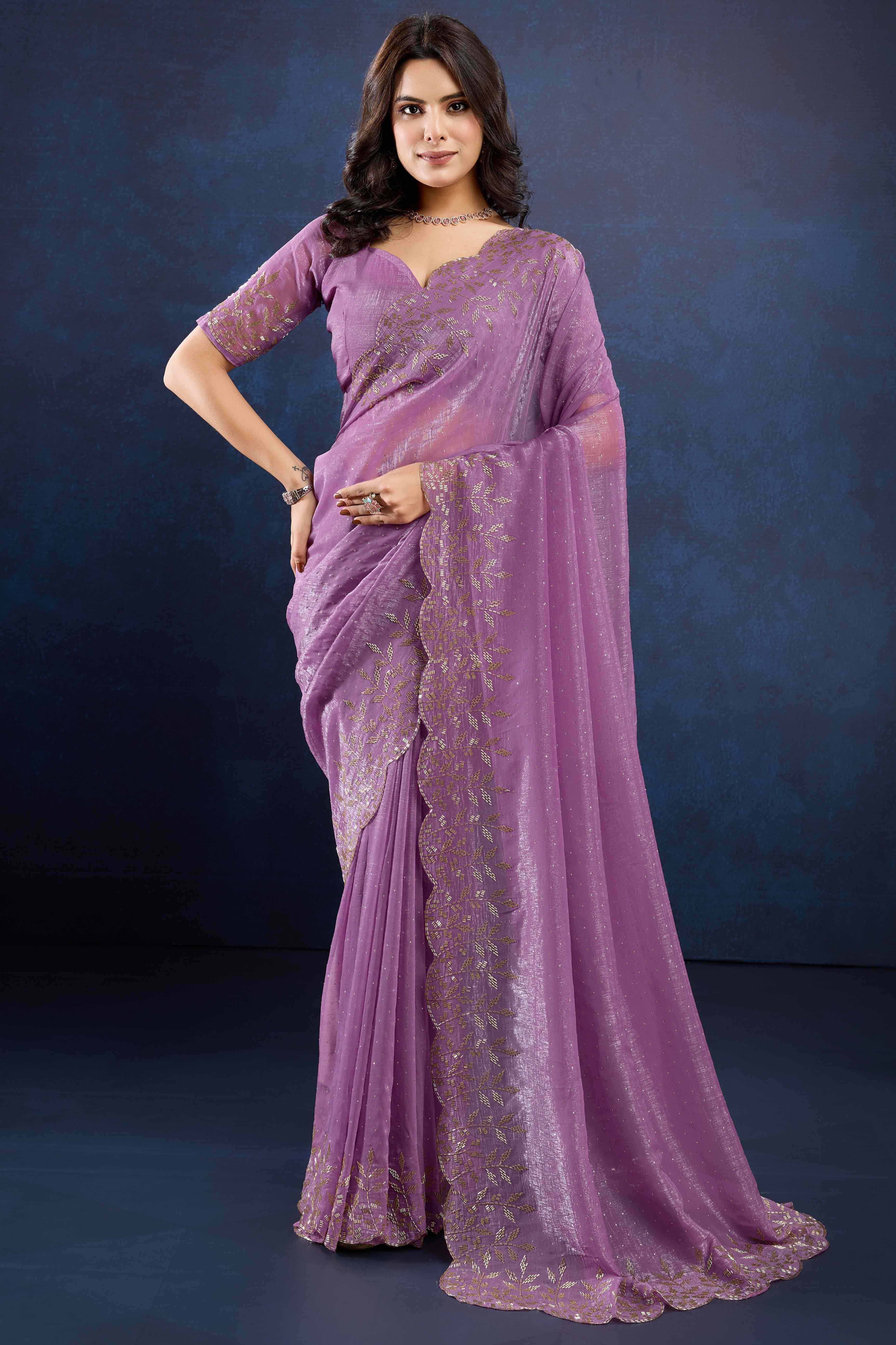 Peachmode Lavender Floral Handwork Crush Silk Fancy Fabric Saree - view 3
