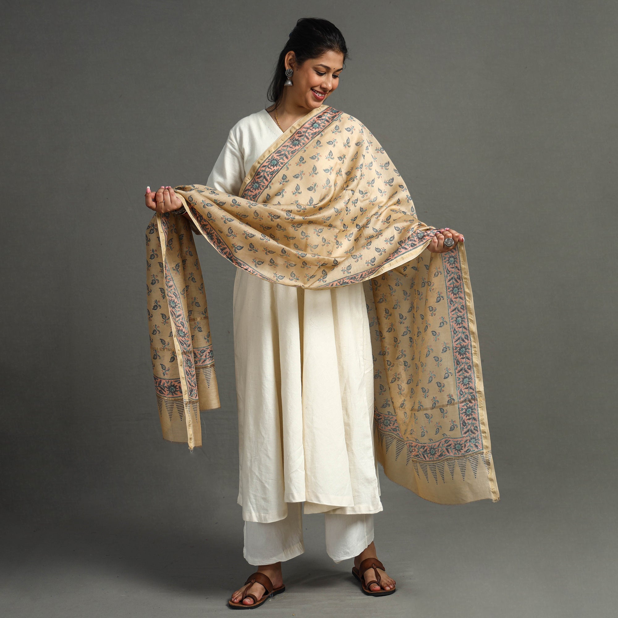BAGRU DABU PRINTS Beige - Block Printed Chanderi Silk Sanganeri Dupatta 67