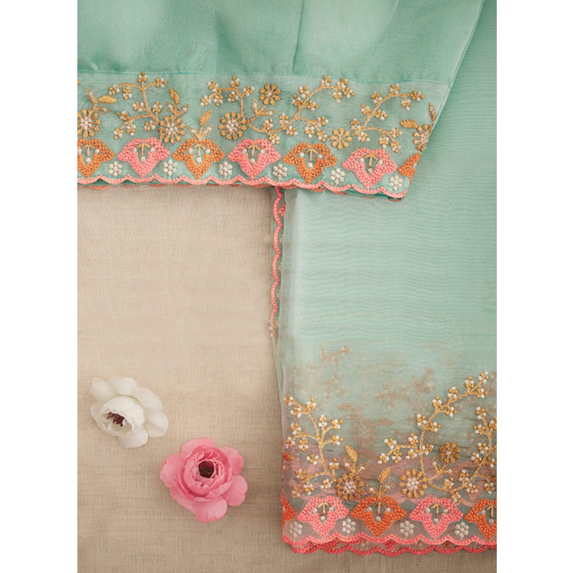 Peachmode Light Blue Embroidered Organza Saree - view 7