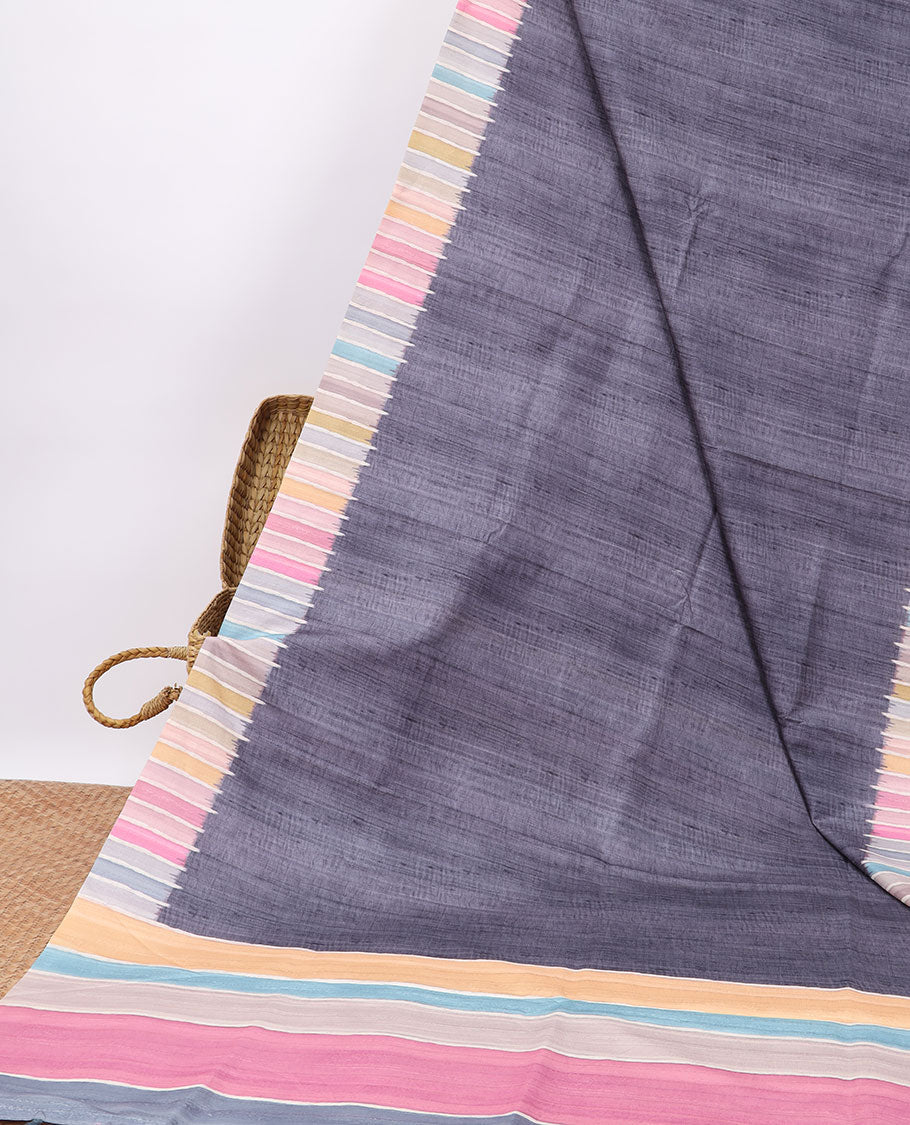 Pothys Purple semi-banaras tussar saree with contrast striped border & multi-colored striped pallu