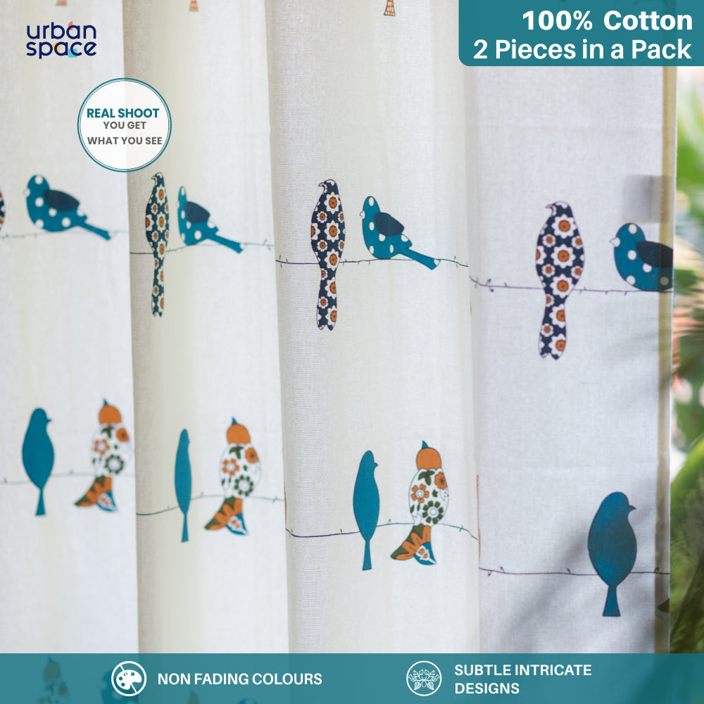Urban Space -Home Furnishing Store 100% Pure Cotton Curtains For Kids Room, Pack of 2 Curtains - Humming bird - Blue - view 2