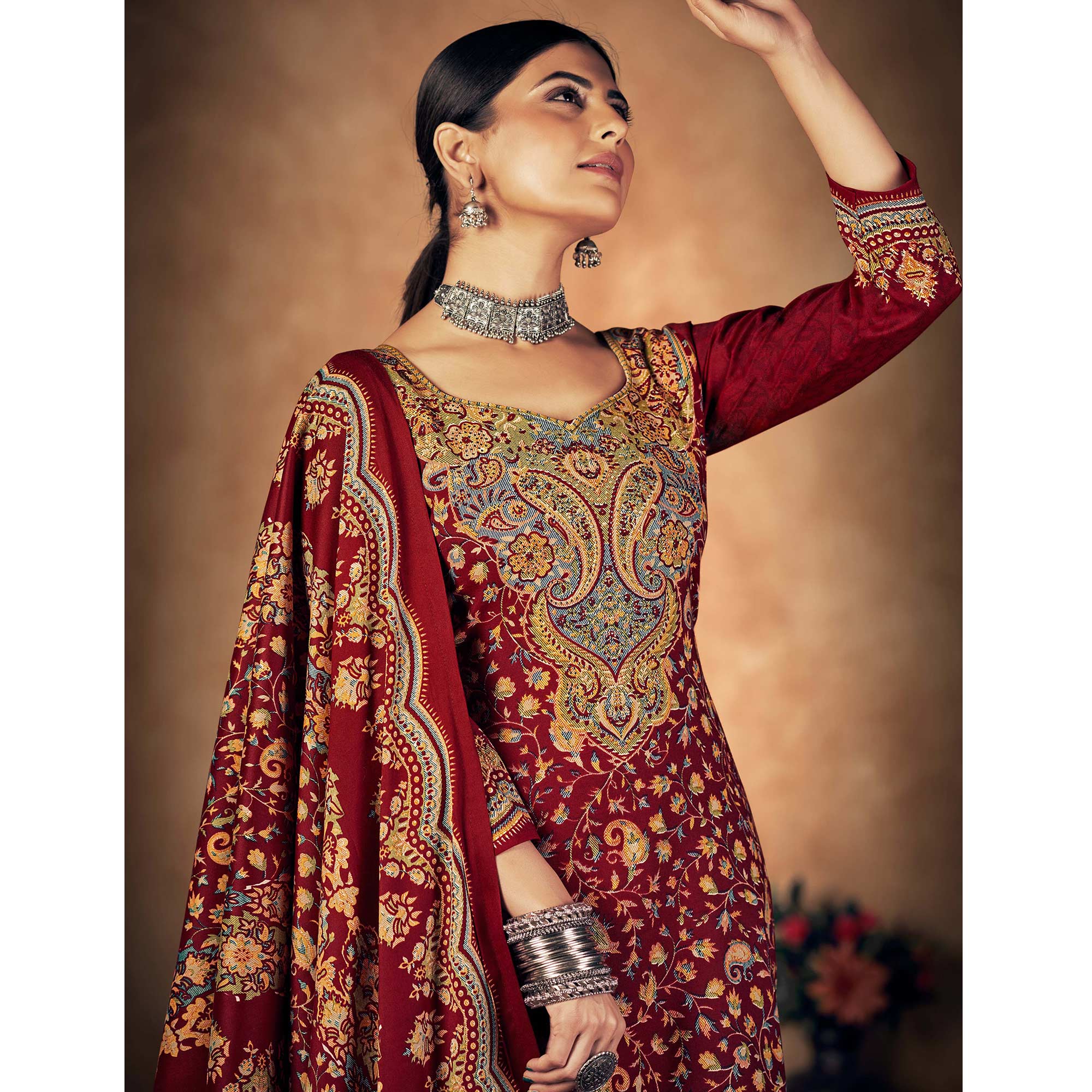 Peachmode Maroon Floral Printed Pashmina Woolen Suit - view 4