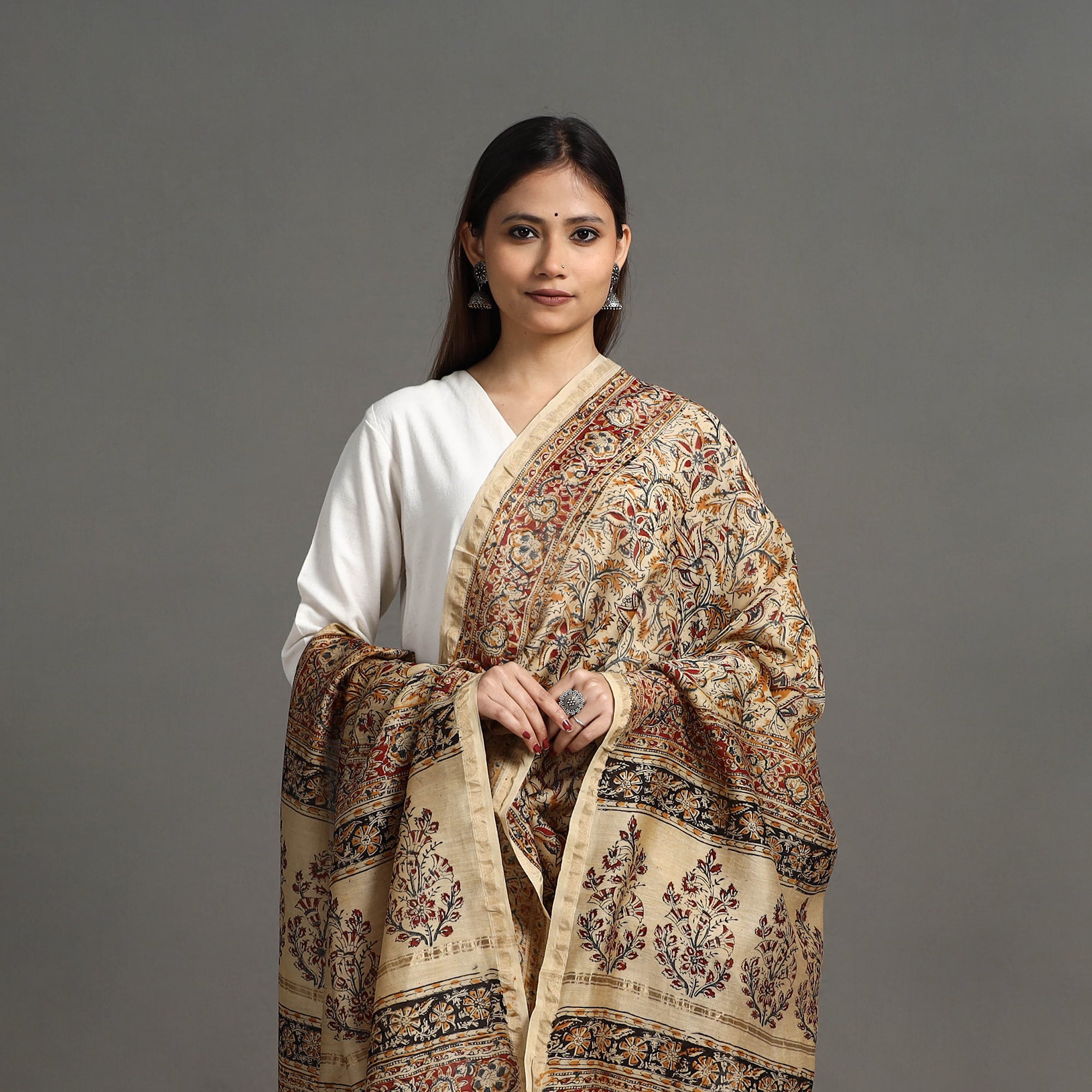 SOUTH KARGHA Beige - Pedana Block Print Chanderi Silk Kalamkari Dupatta 05 - view 3