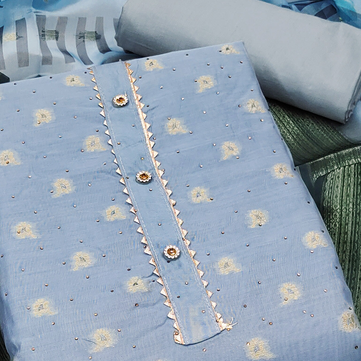 Peachmode Blue Woven With Swarovski Work Banarasi Silk Dress Material - view 2