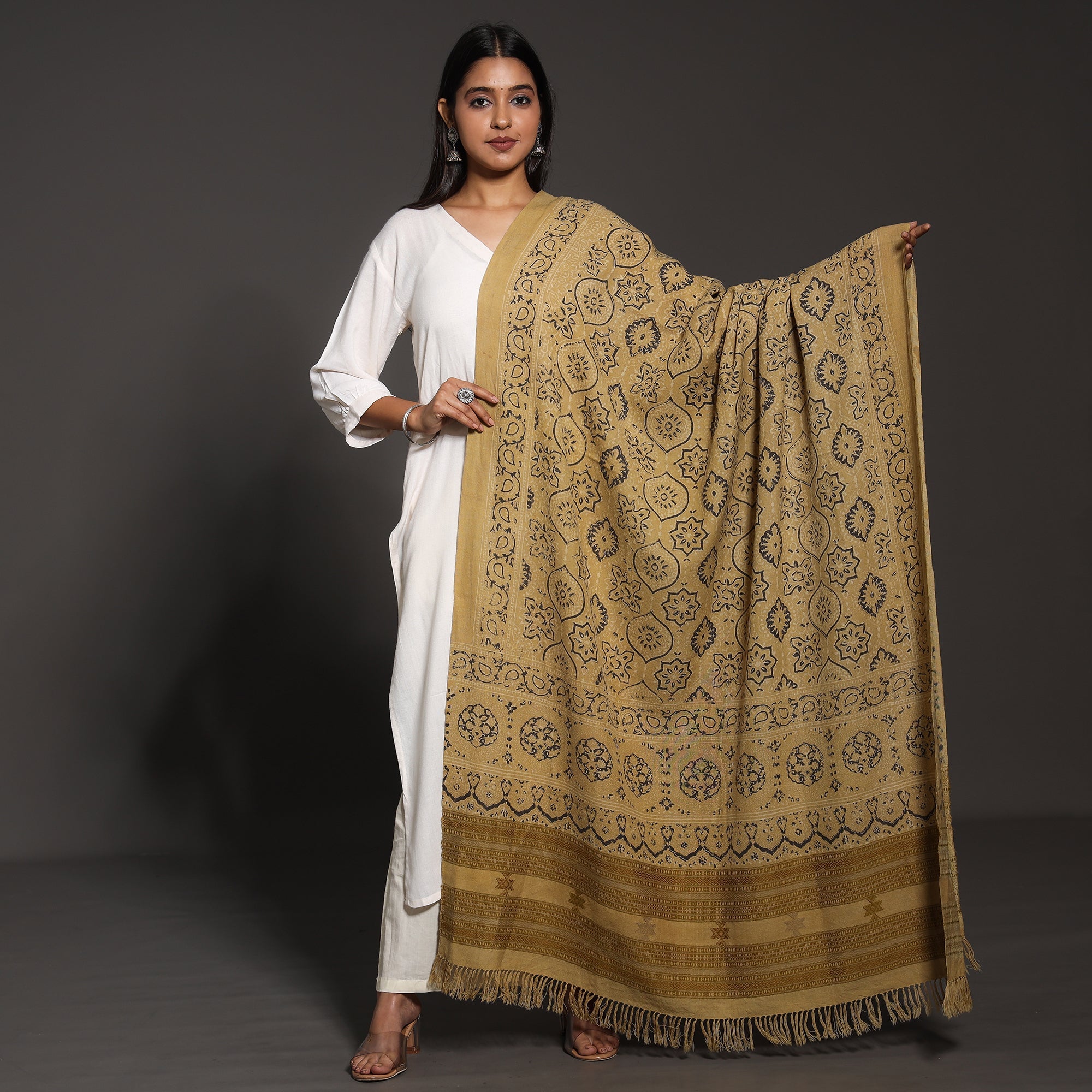 VANKAR BHIMJI KANJI Brown - Kutch Traditional Ajrakh Block Printed Handwoven Pure Wool Shawl