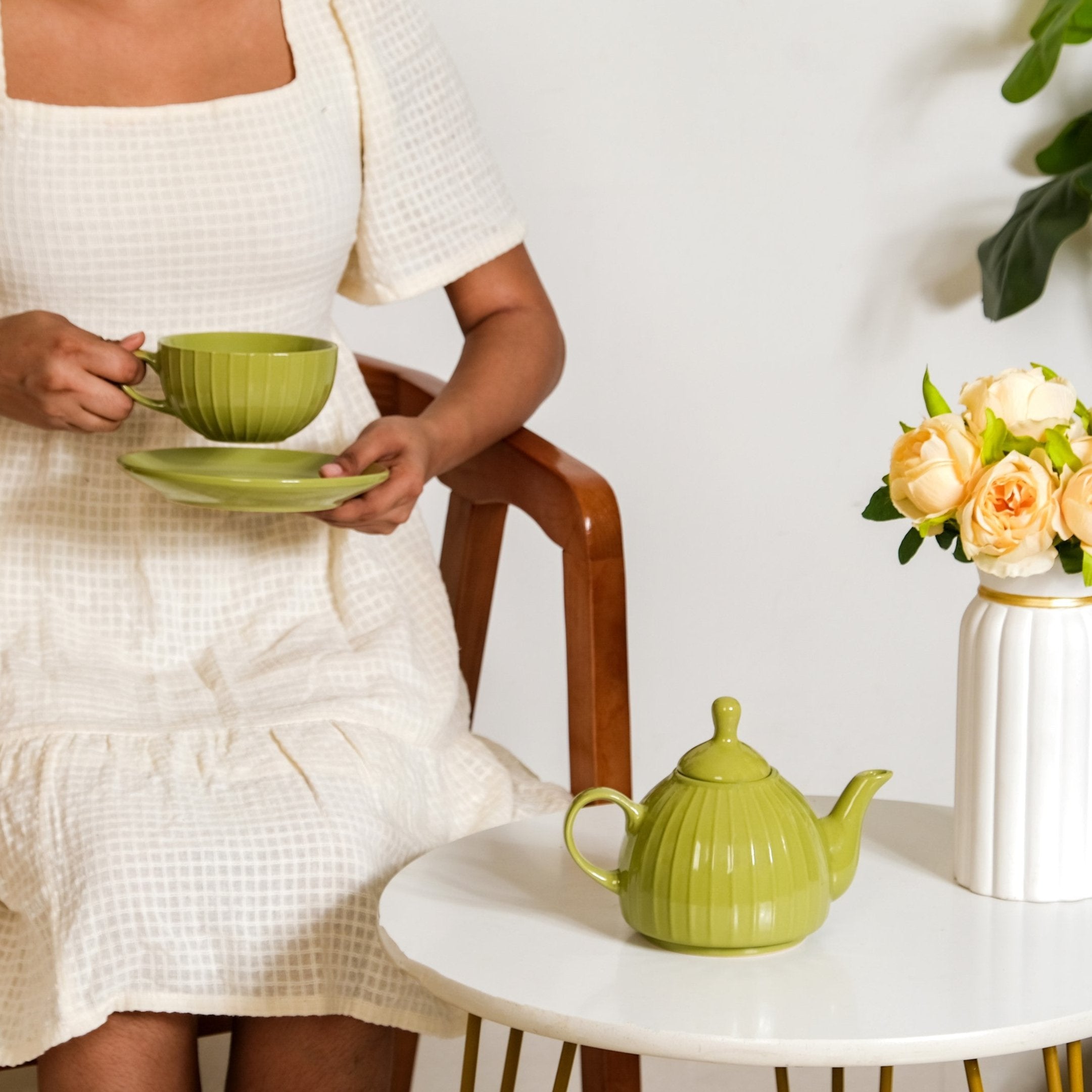 Nestasia Stackable Ambrosia Teapot And Cup With Saucer Olive Green - view 4