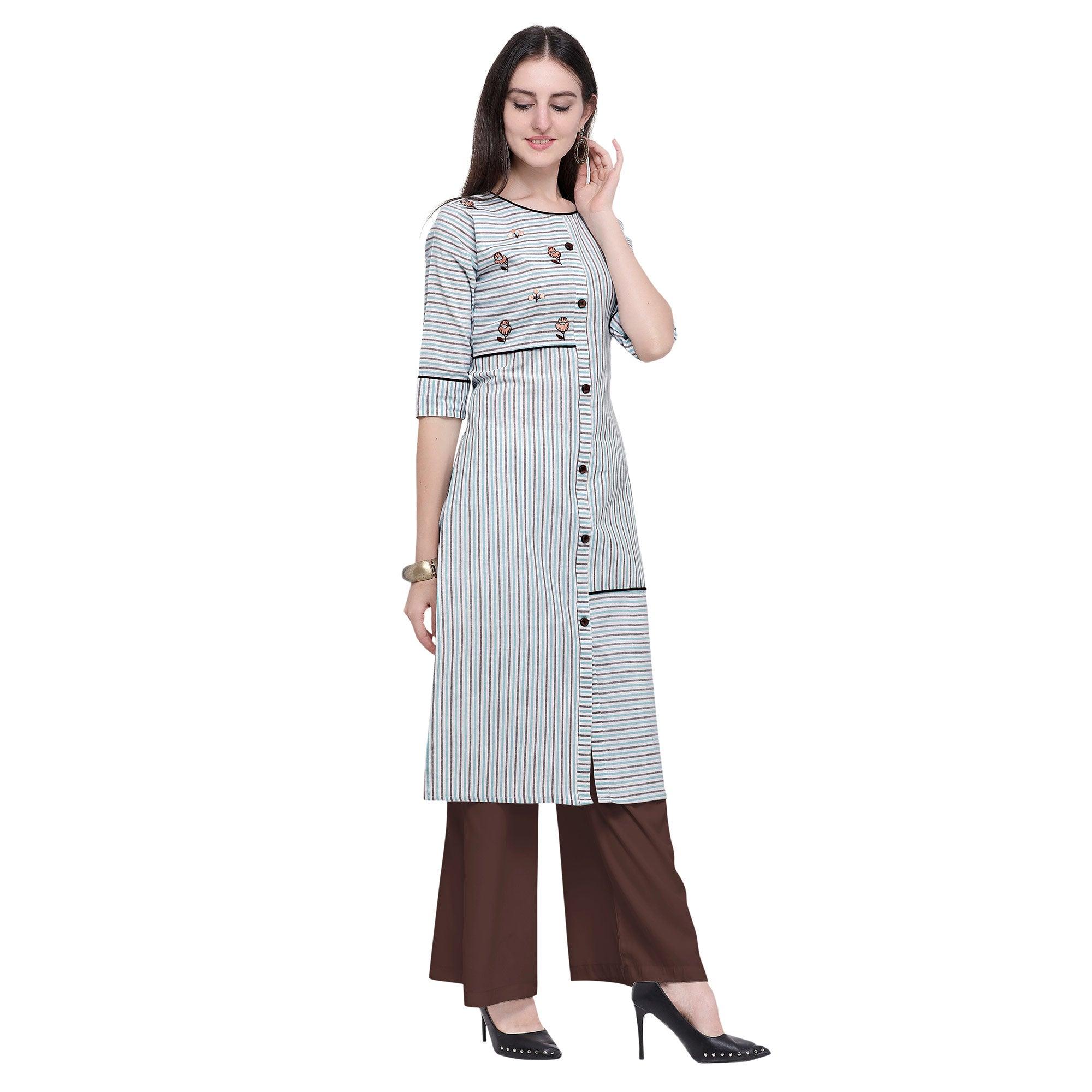 Peachmode Seller Intricate White Colored Casual Wear Embroidered Cotton Kurti-Palazzo Set - view 3