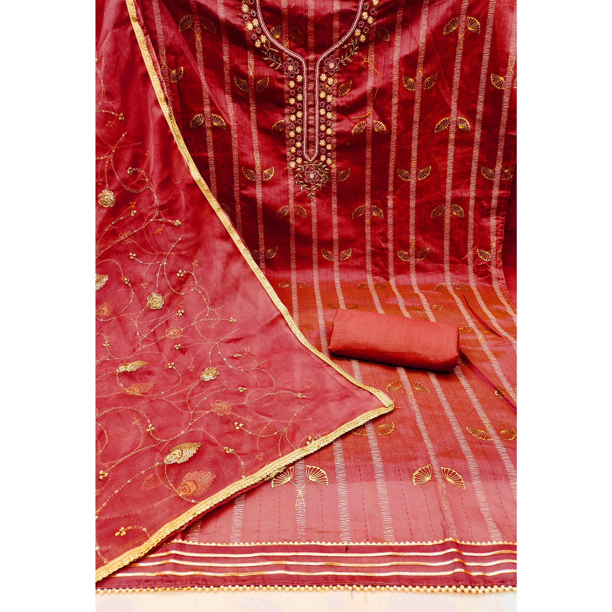 Peachmode Red Floral Foil Printed With Handwork Chanderi Dress Material - view 3