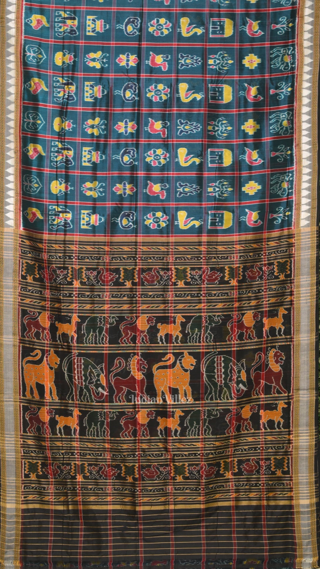 IndianVillèz Teal Blue Nabakothi Odisha Ikat Khandua Silk Saree with Jungle Anchal