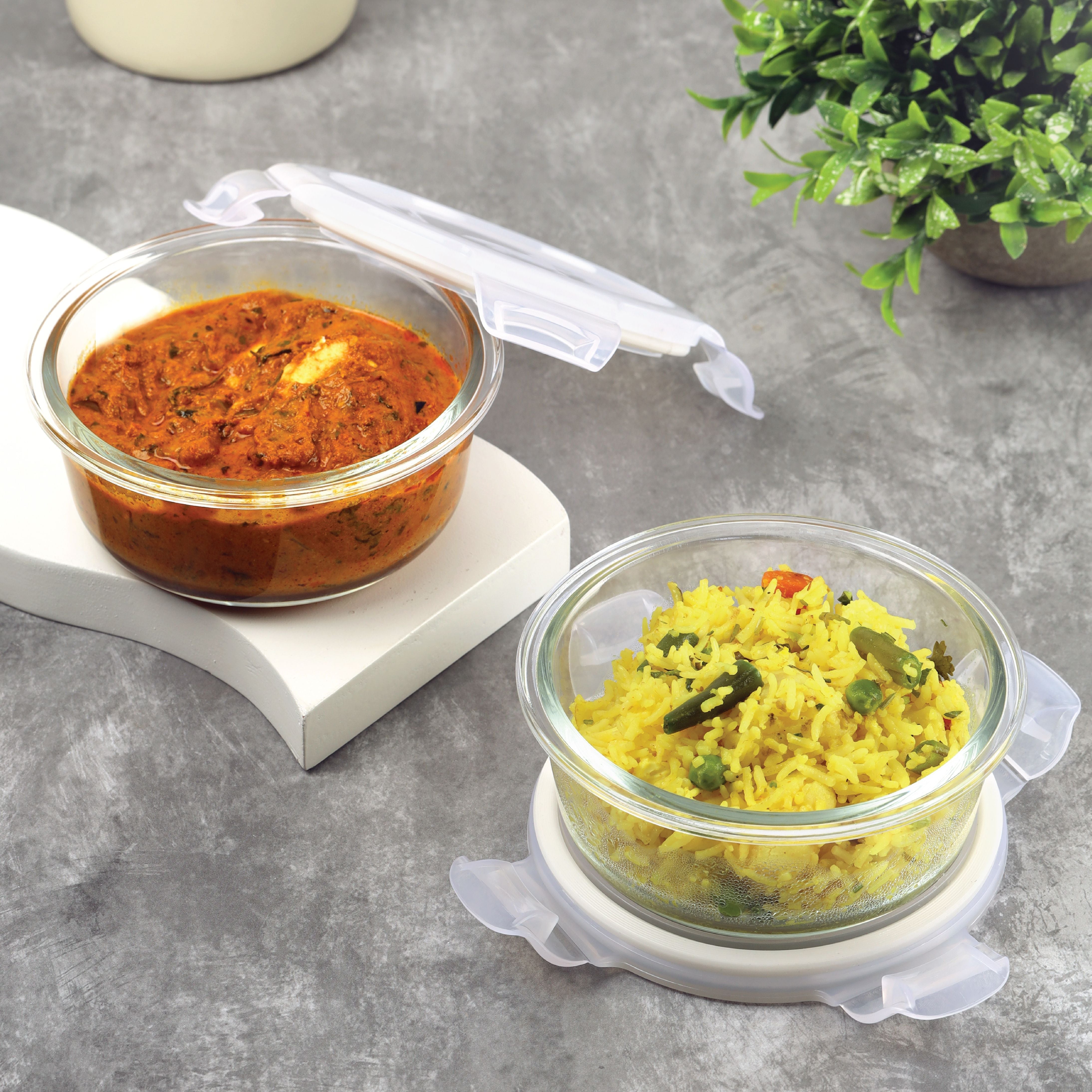 Cello Camellia Borosilicate Glass Round containers, Set of 2
